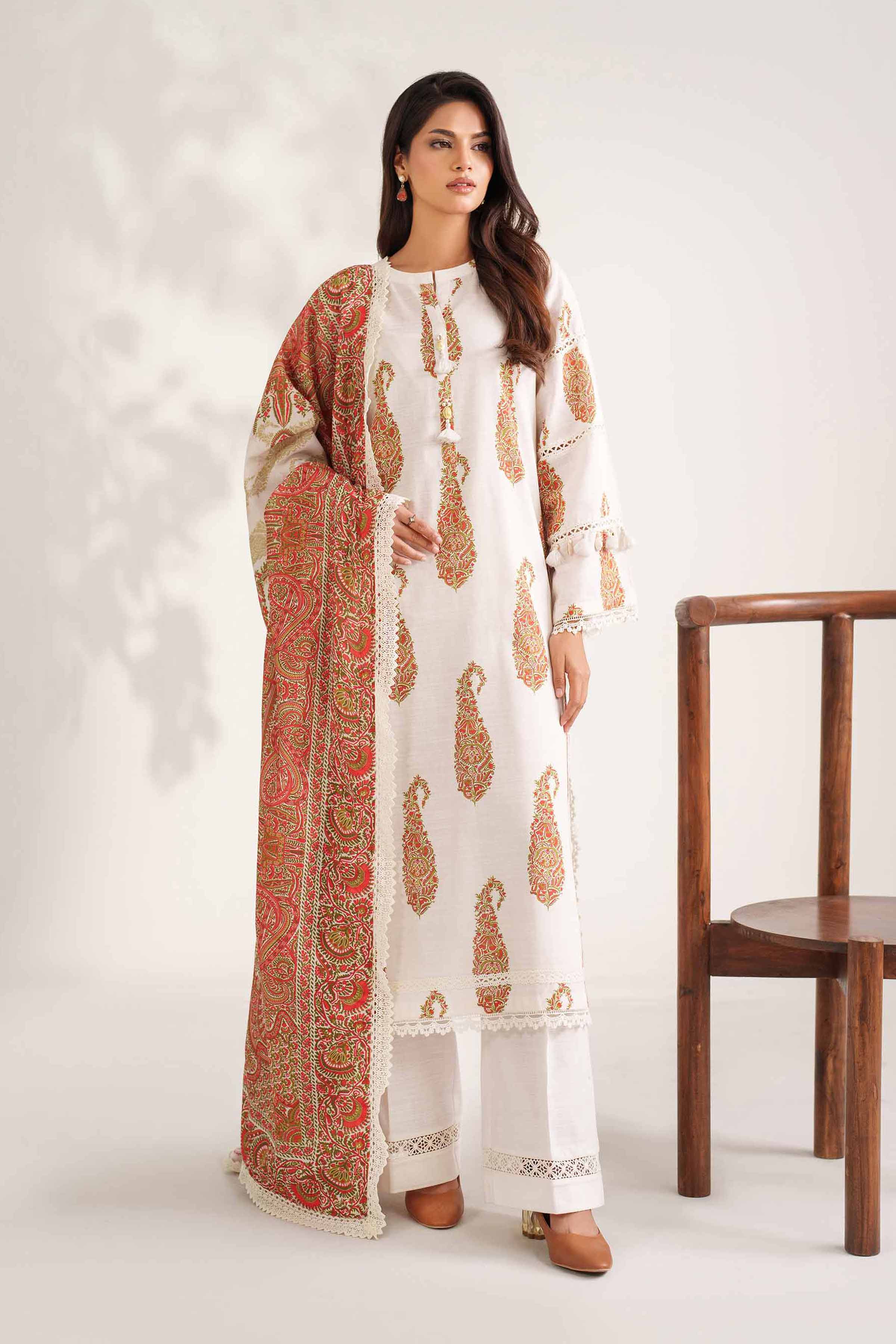 NISHATUAE - Off White Printed Khaddar 3-piece Unstitched Suit