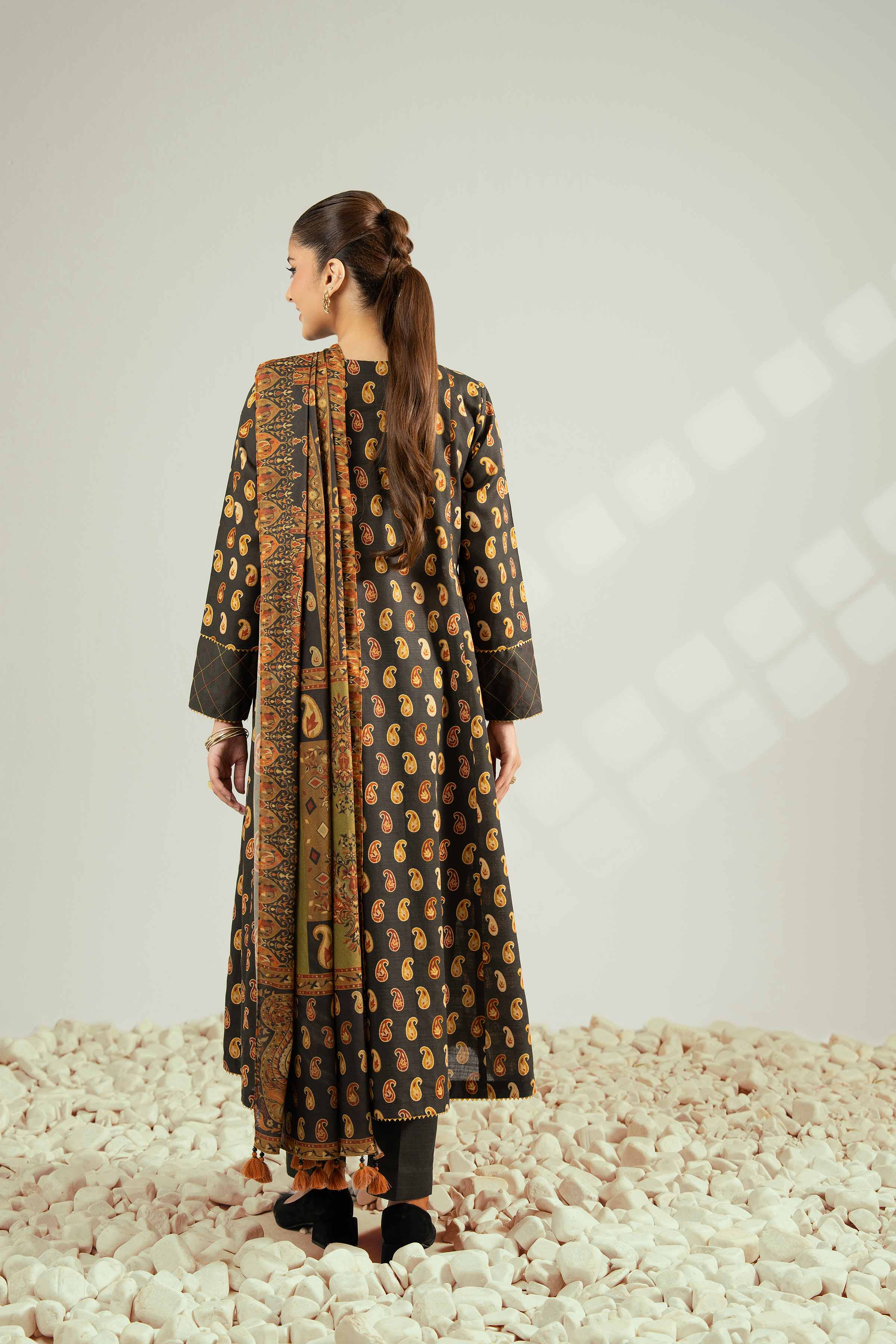 NISHATUAE - Black Printed Khaddar 3-piece Unstitched Suit