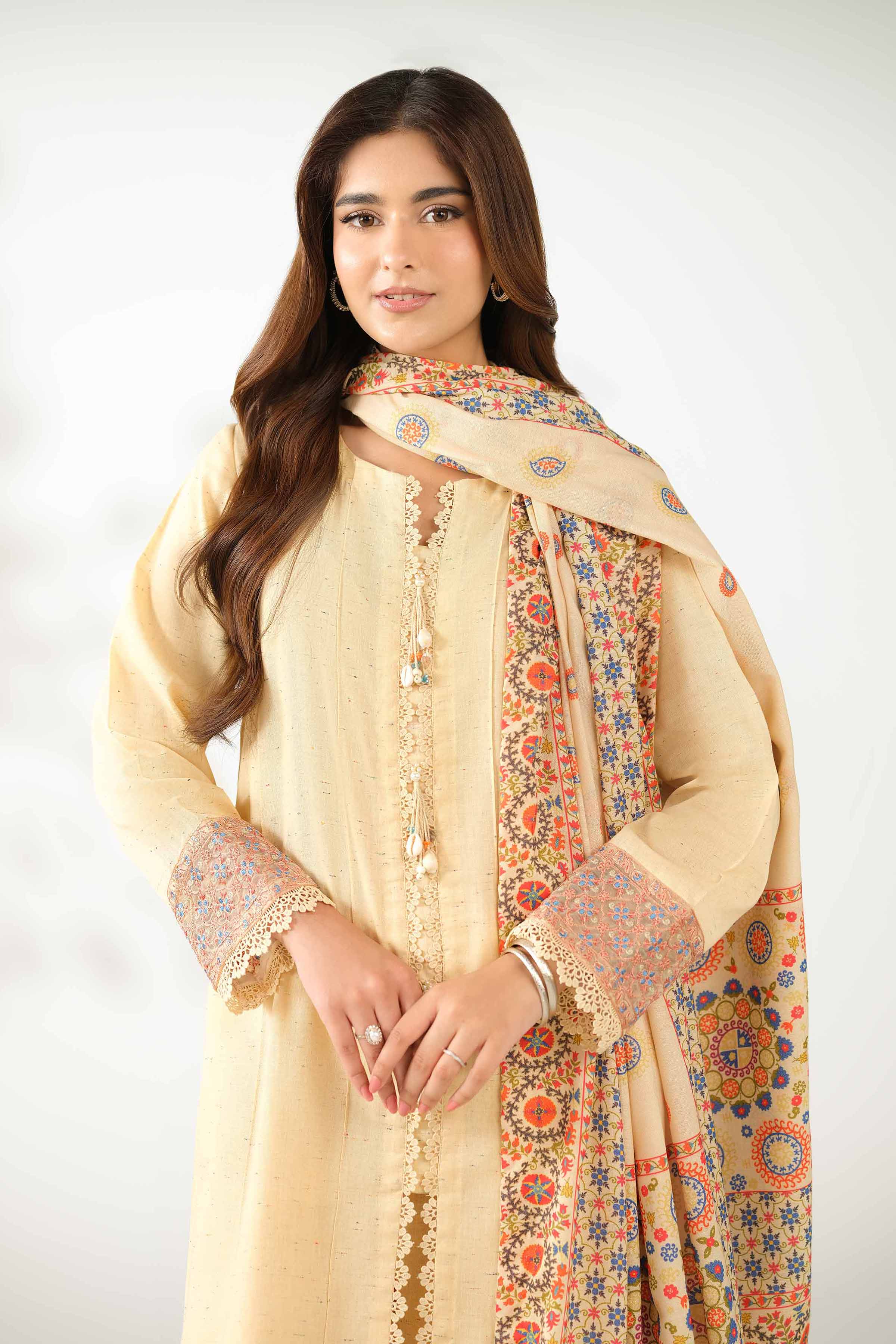 NISHATUAE - Yellow Embroidered Neps 3-piece Unstitched Suit