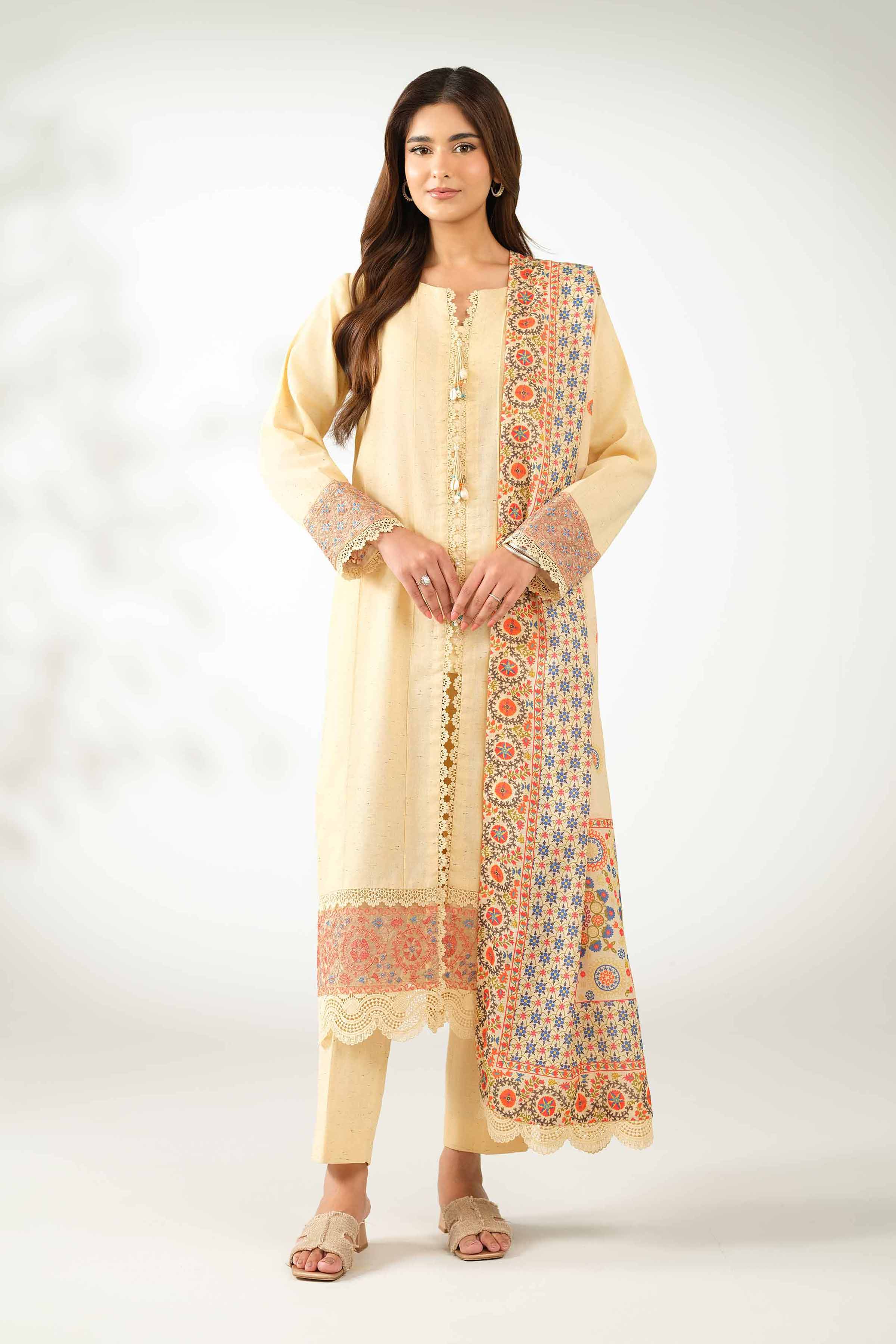 NISHATUAE - Yellow Embroidered Neps 3-piece Unstitched Suit