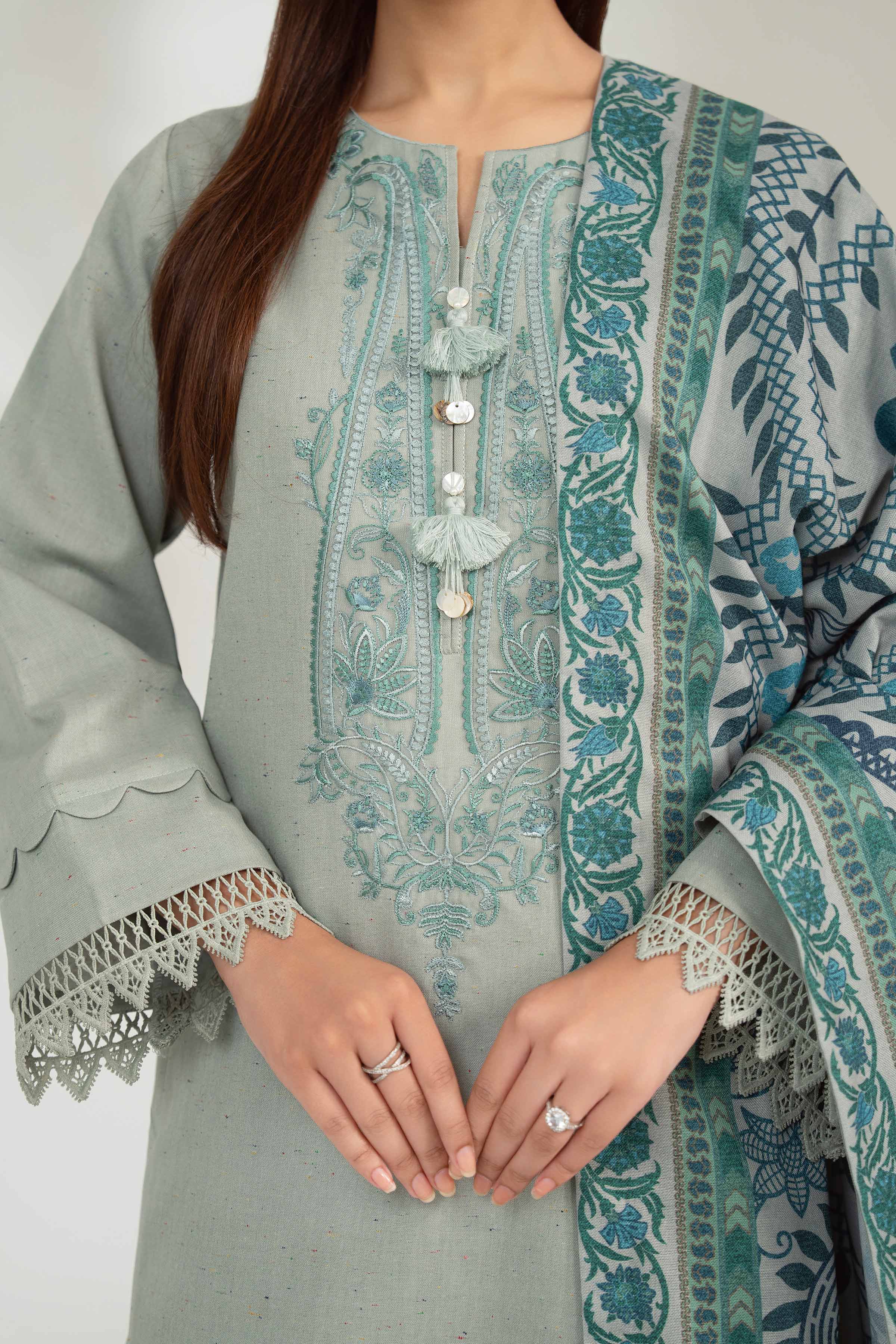 NISHATUAE - Green Embroidered Neps 3-piece Unstitched Suit
