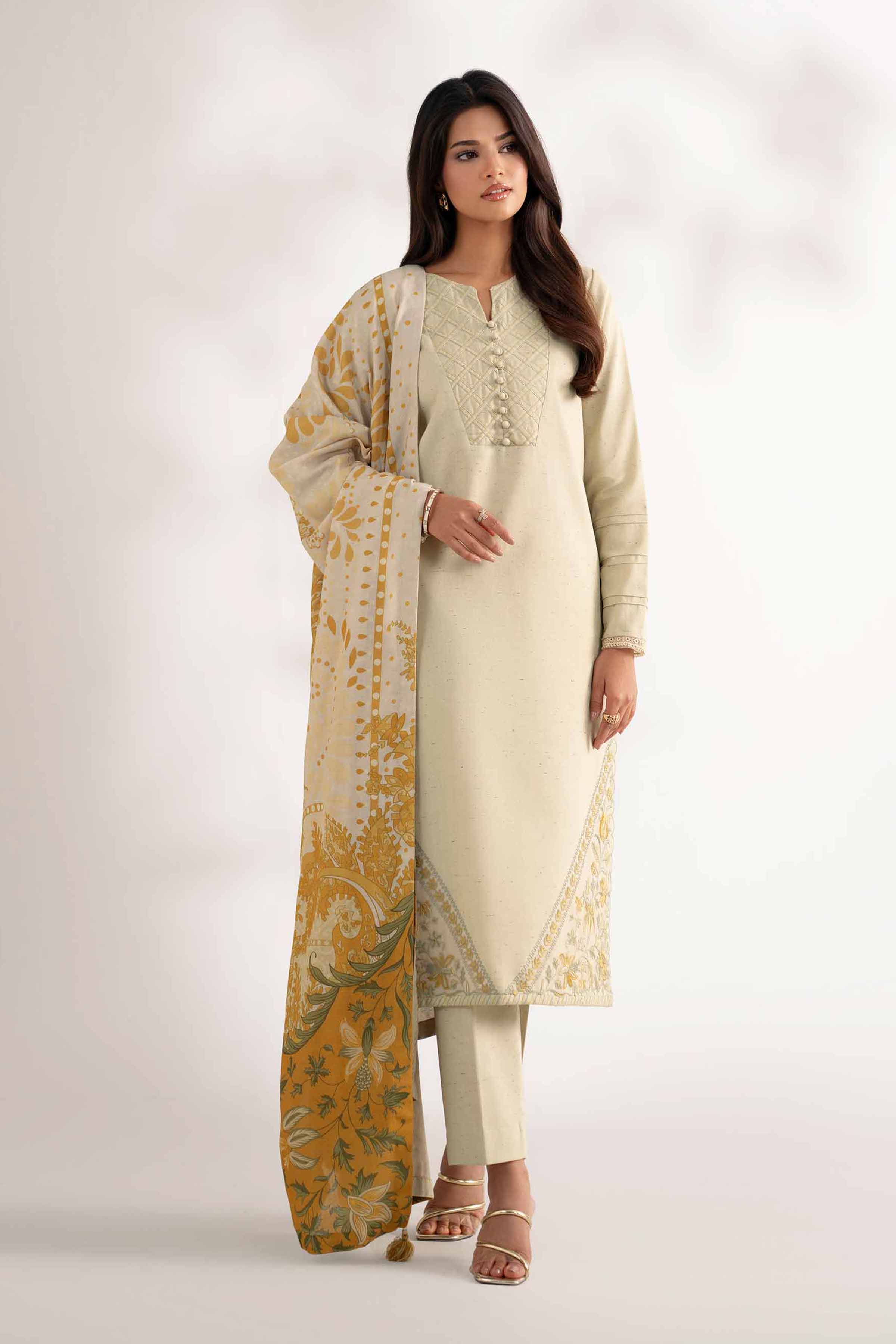 NISHATUAE - Yellow Embroidered Neps 3-piece Unstitched Suit