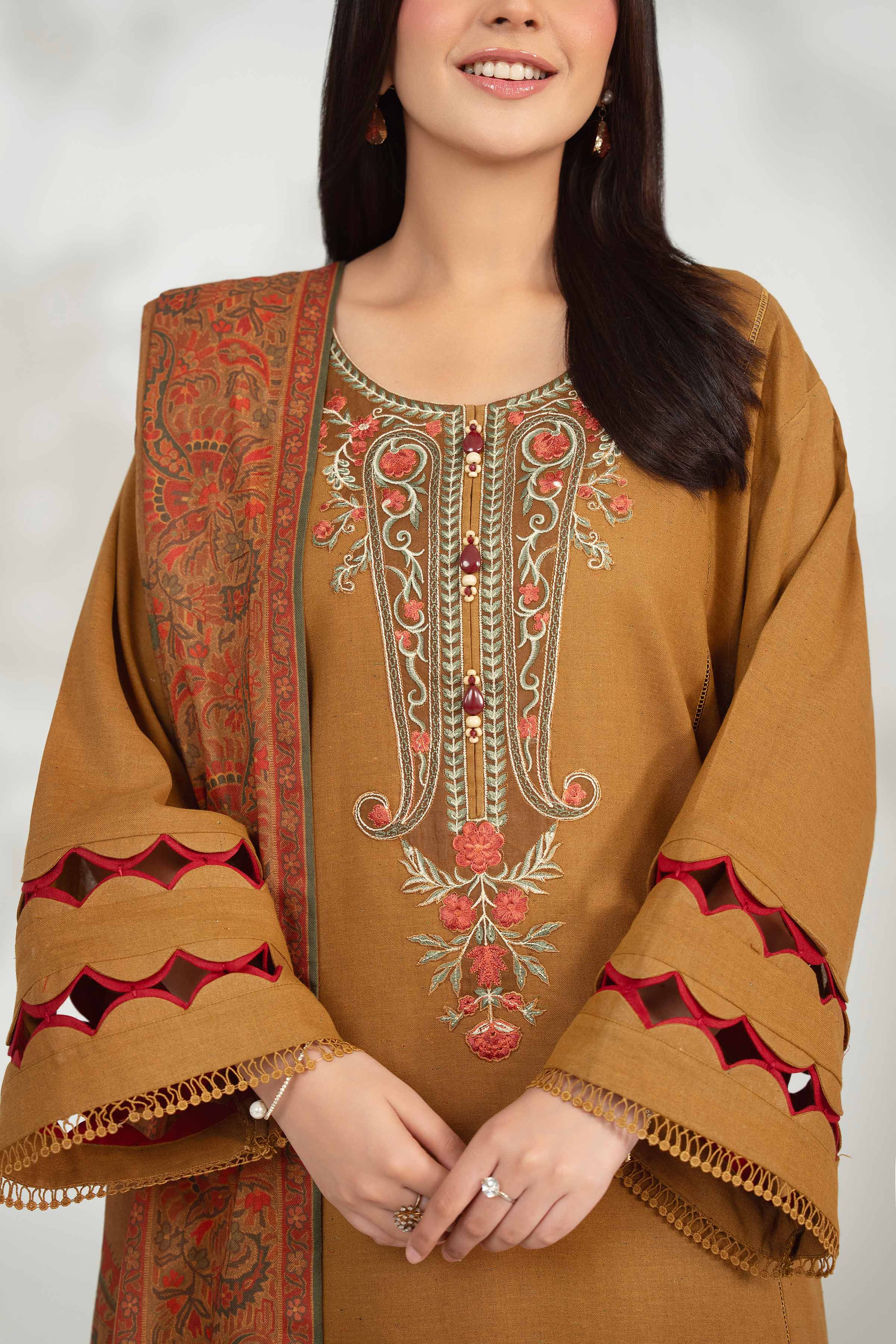NISHATUAE - Brown Embroidered Neps 3-piece Unstitched Suit