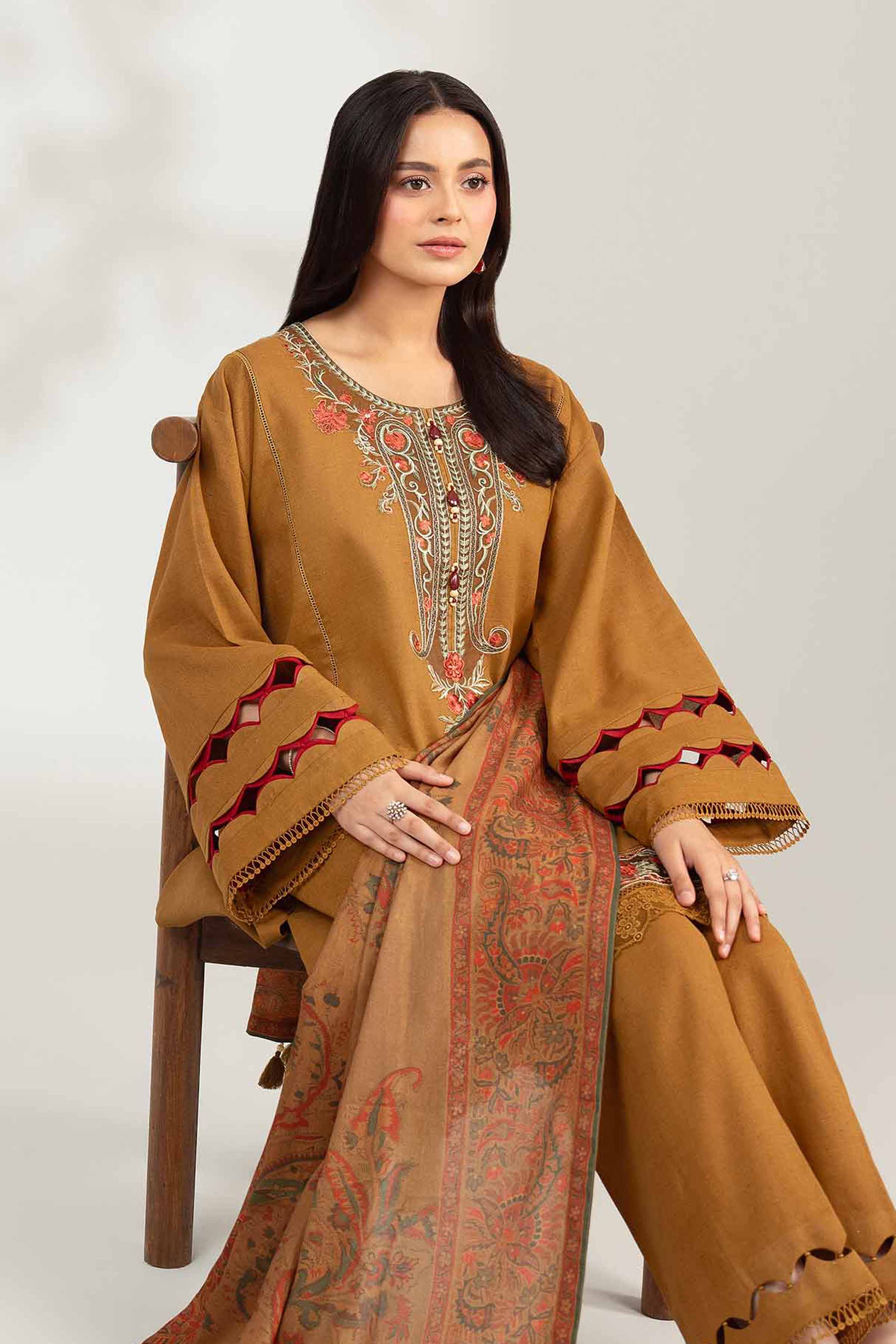 NISHATUAE - Brown Embroidered Neps 3-piece Unstitched Suit
