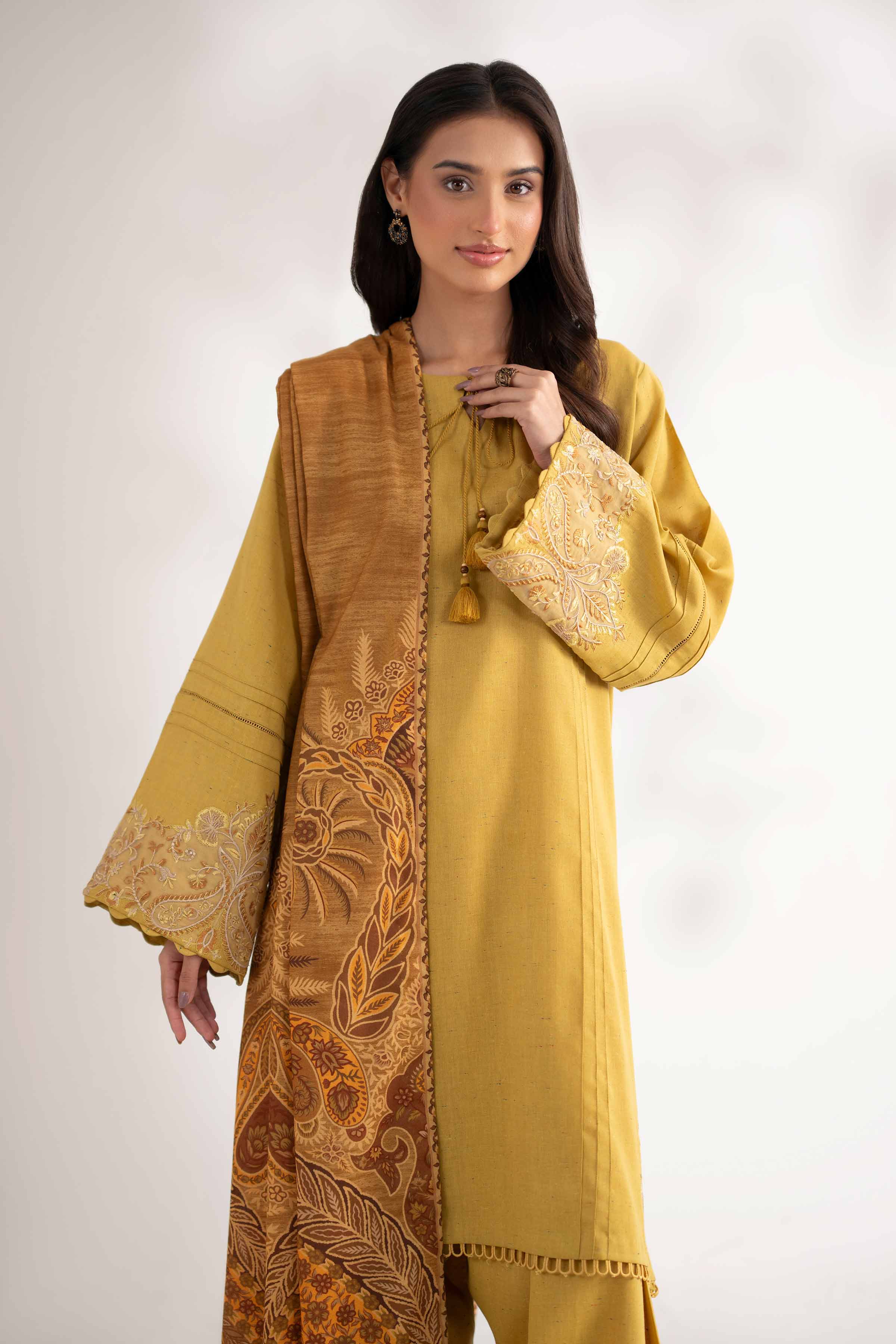 NISHATUAE - Mustard Embroidered Neps 3-piece Unstitched Suit