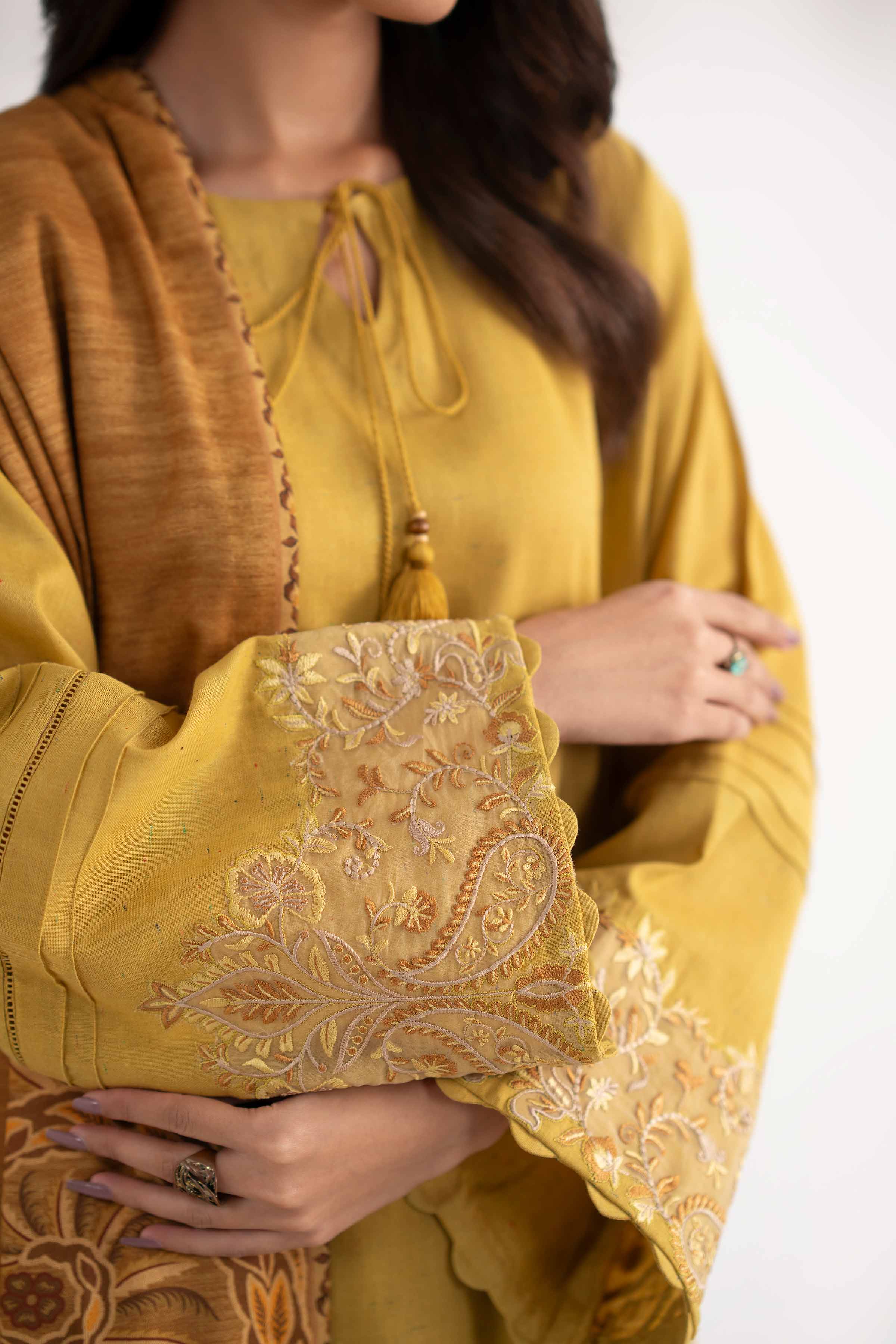 NISHATUAE - Mustard Embroidered Neps 3-piece Unstitched Suit