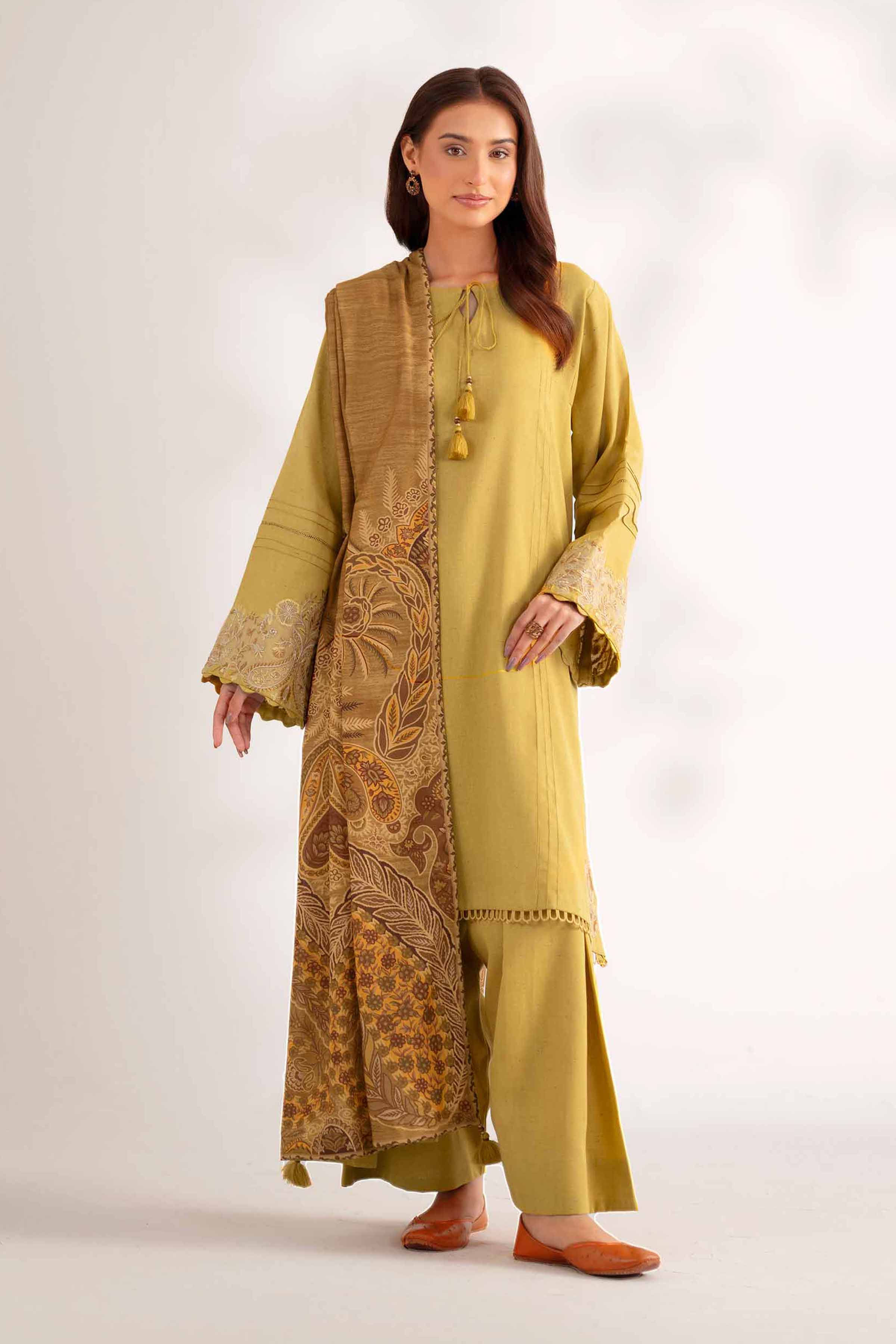 NISHATUAE - Mustard Embroidered Neps 3-piece Unstitched Suit
