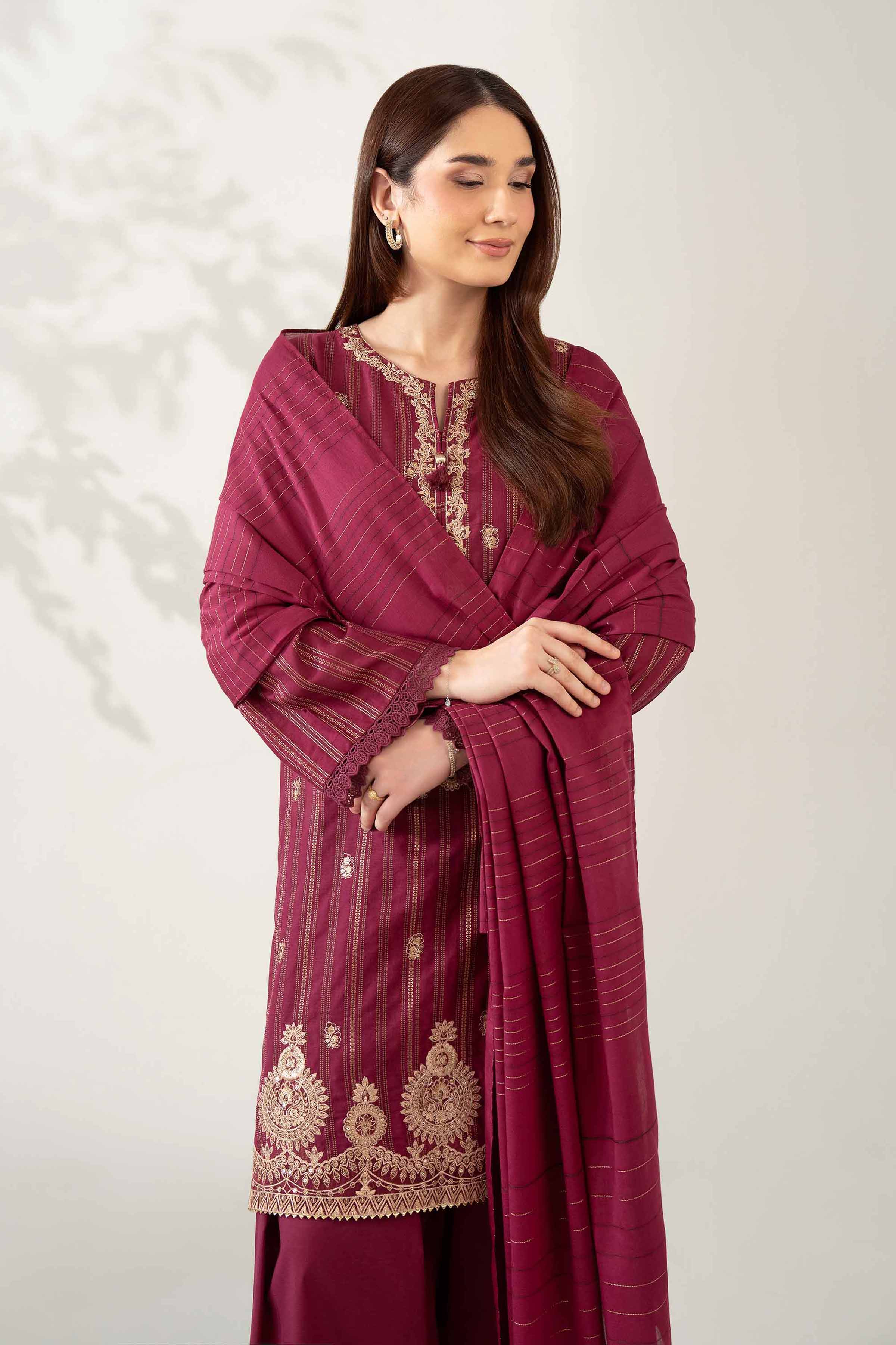 NISHATUAE - Burgundy Embroidered Lawn 3-piece Unstitched Suit