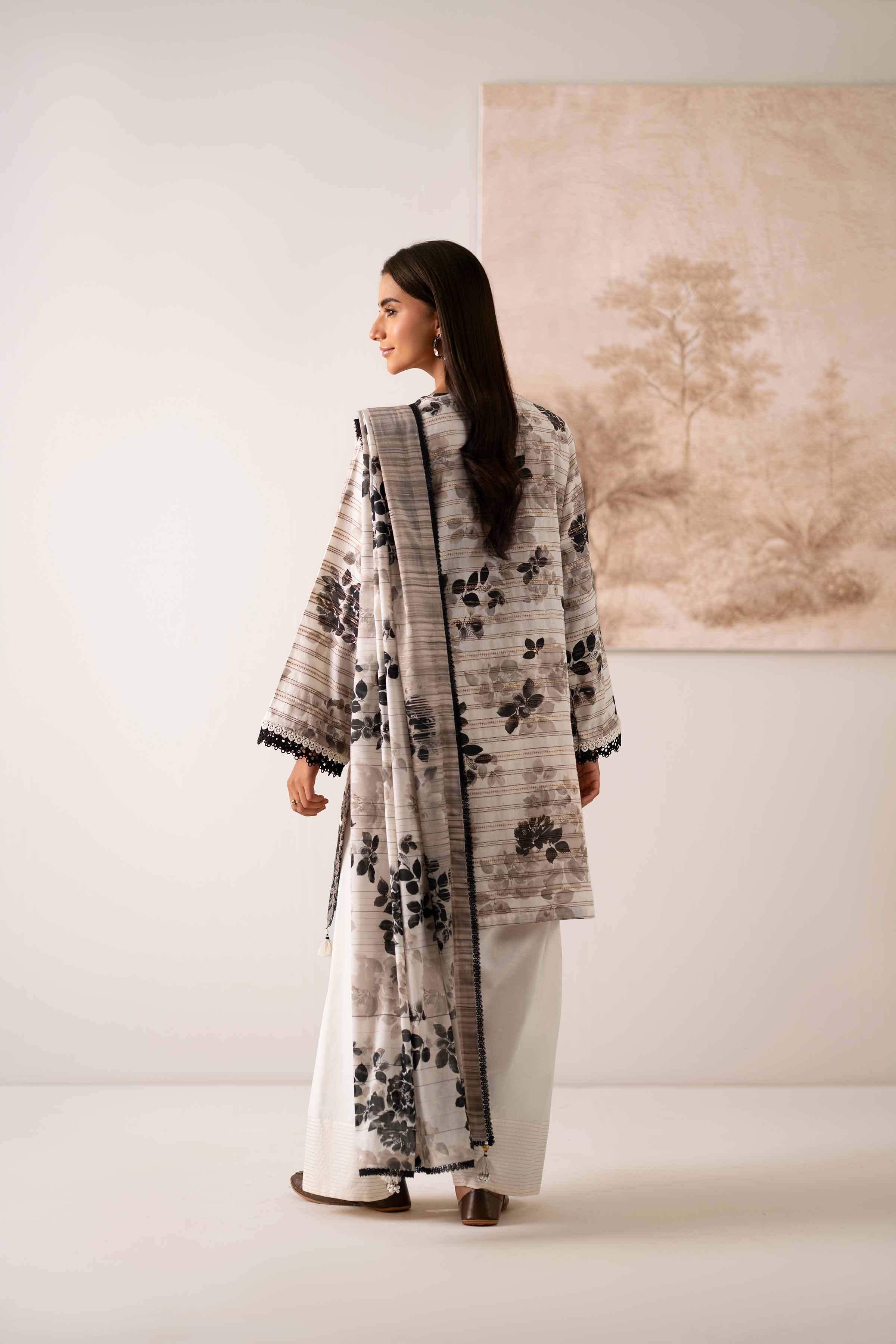 NISHATUAE - Off White Embroidered Stripe 3-piece Unstitched Suit