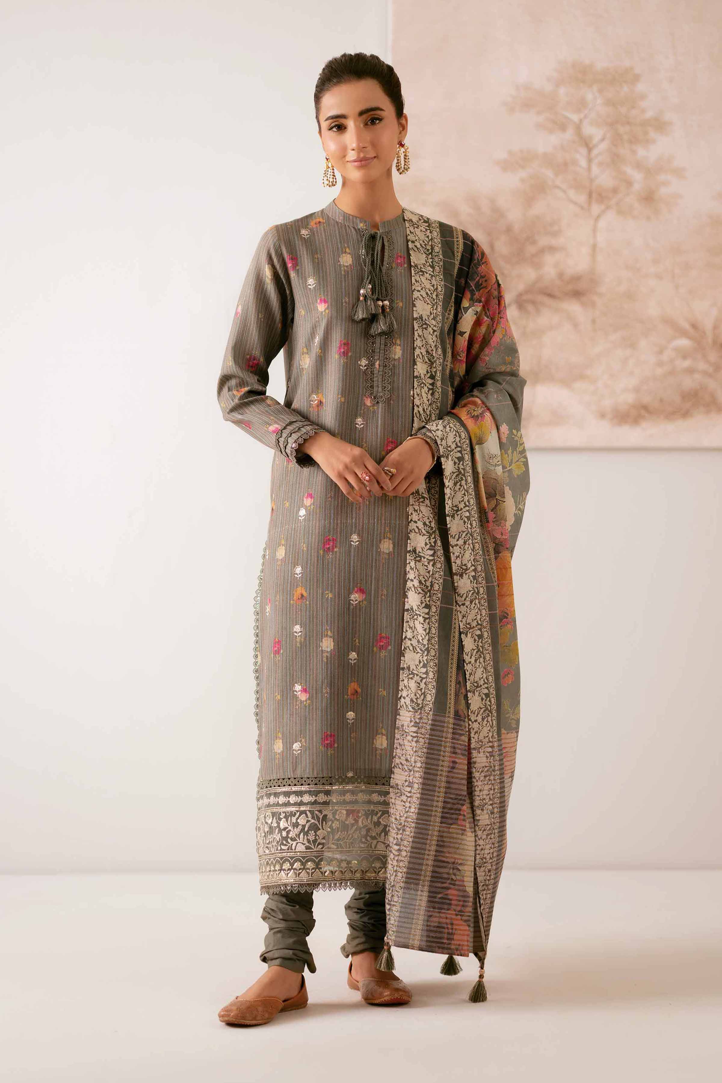 NISHATUAE - Green Embroidered Stripe 3-piece Unstitched Suit