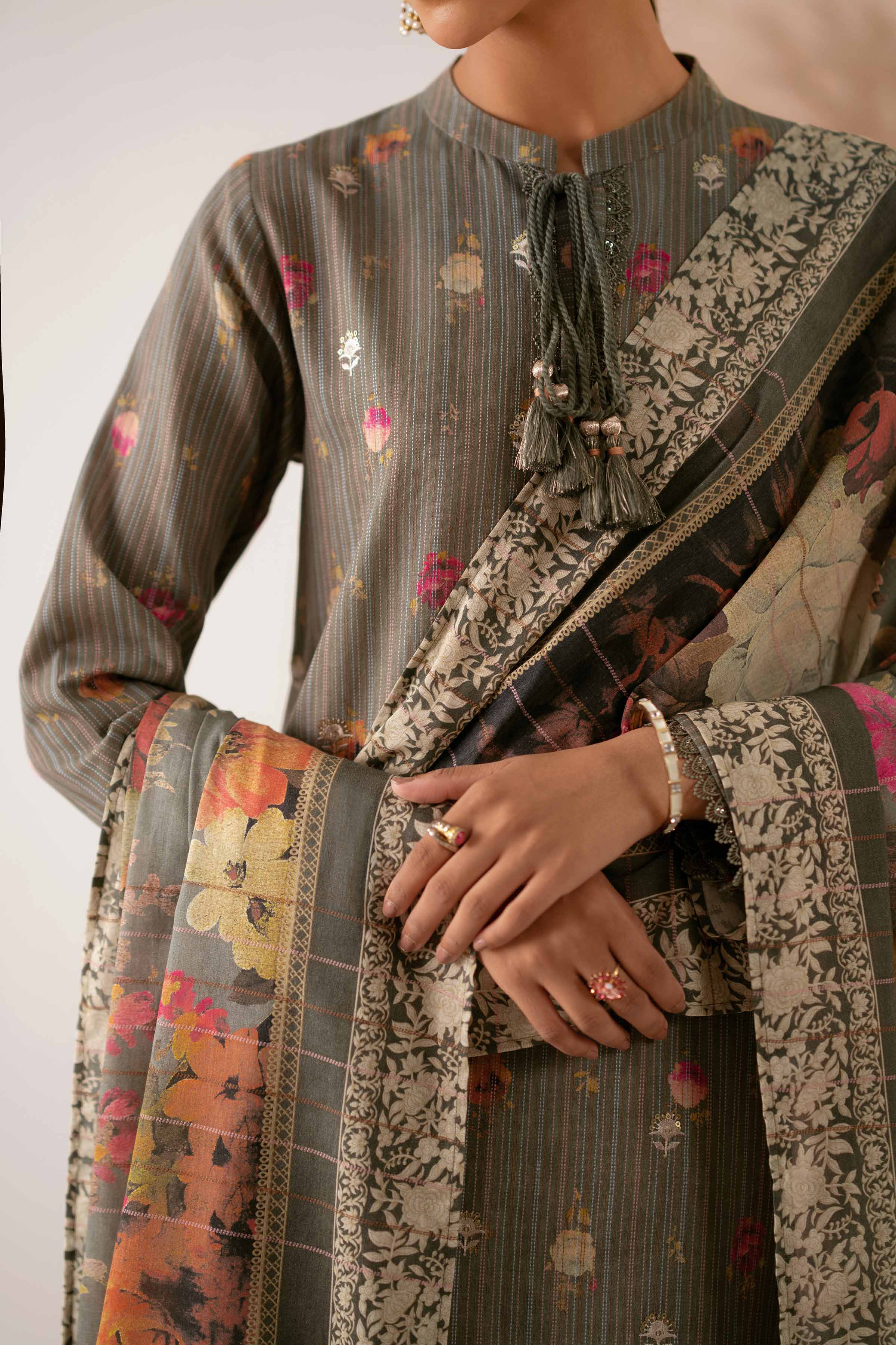 NISHATUAE - Green Embroidered Stripe 3-piece Unstitched Suit