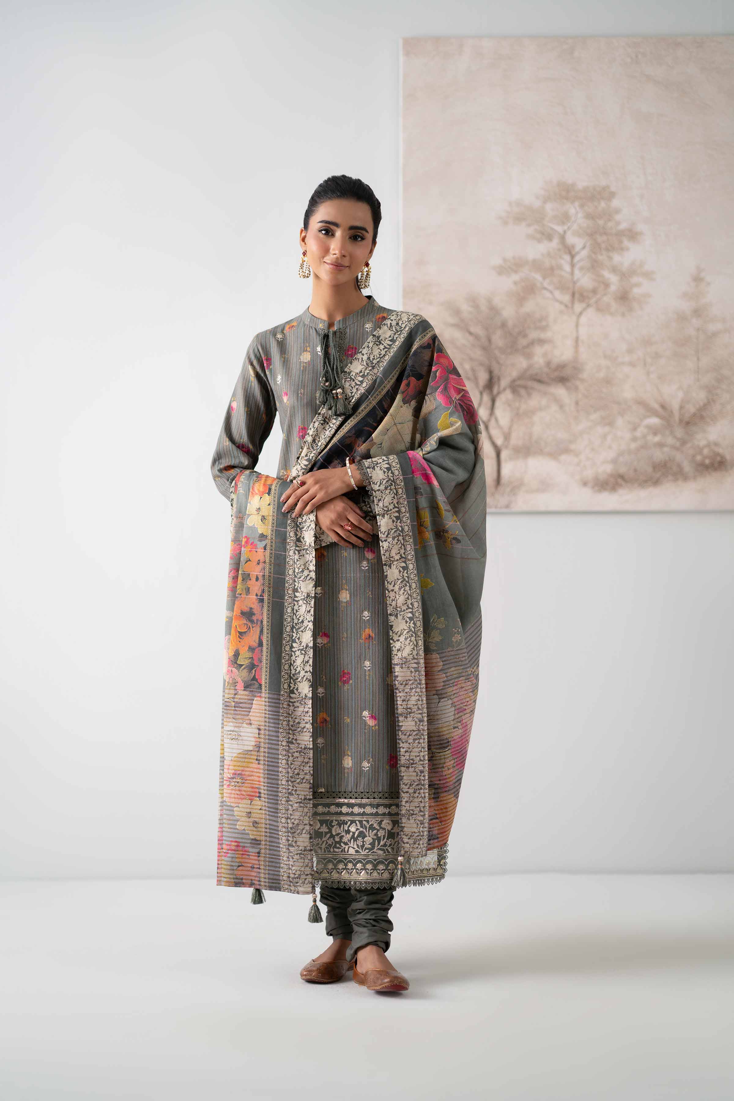 NISHATUAE - Green Embroidered Stripe 3-piece Unstitched Suit