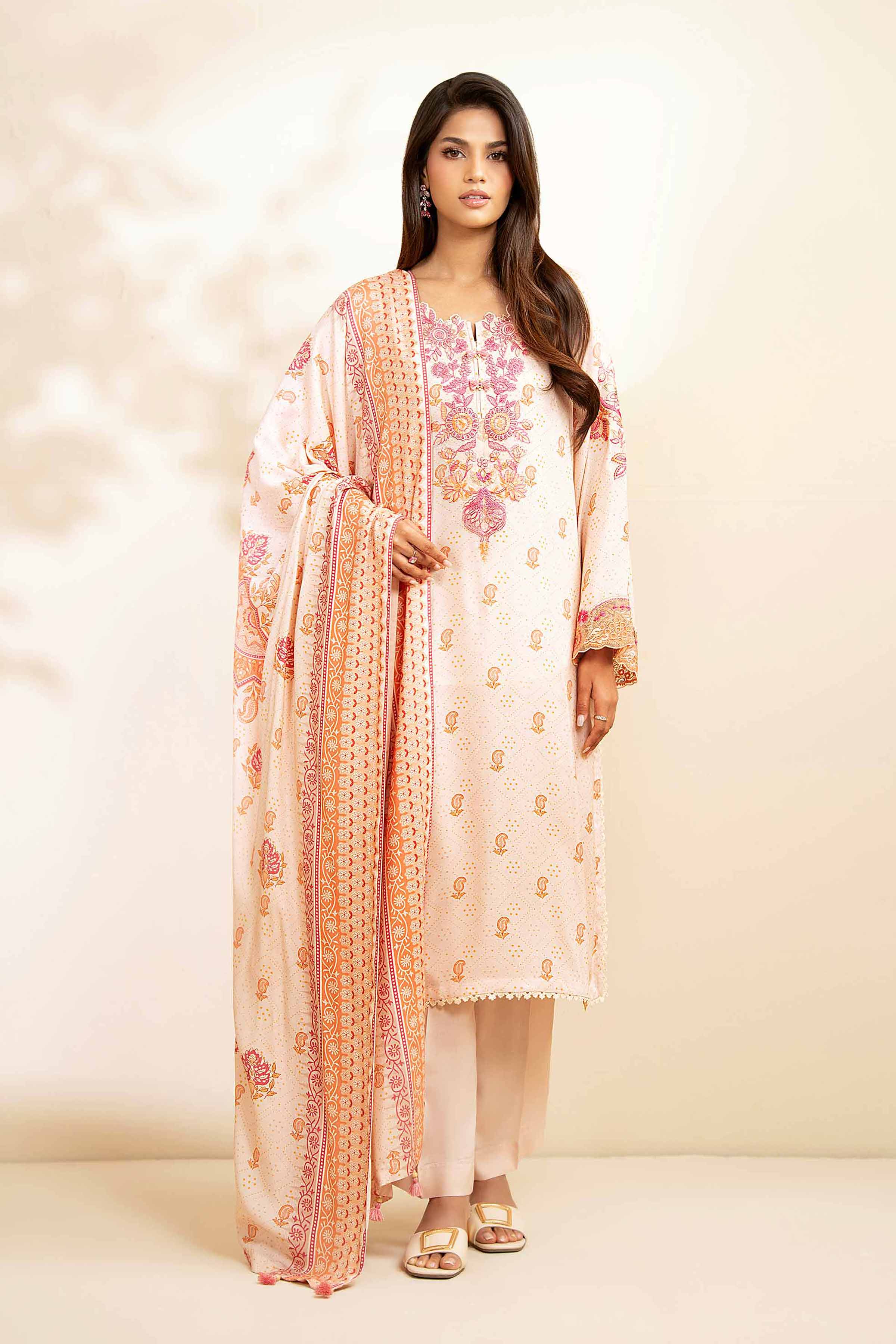 NISHATUAE - Peach Embroidered Linen 3-piece Unstitched Suit