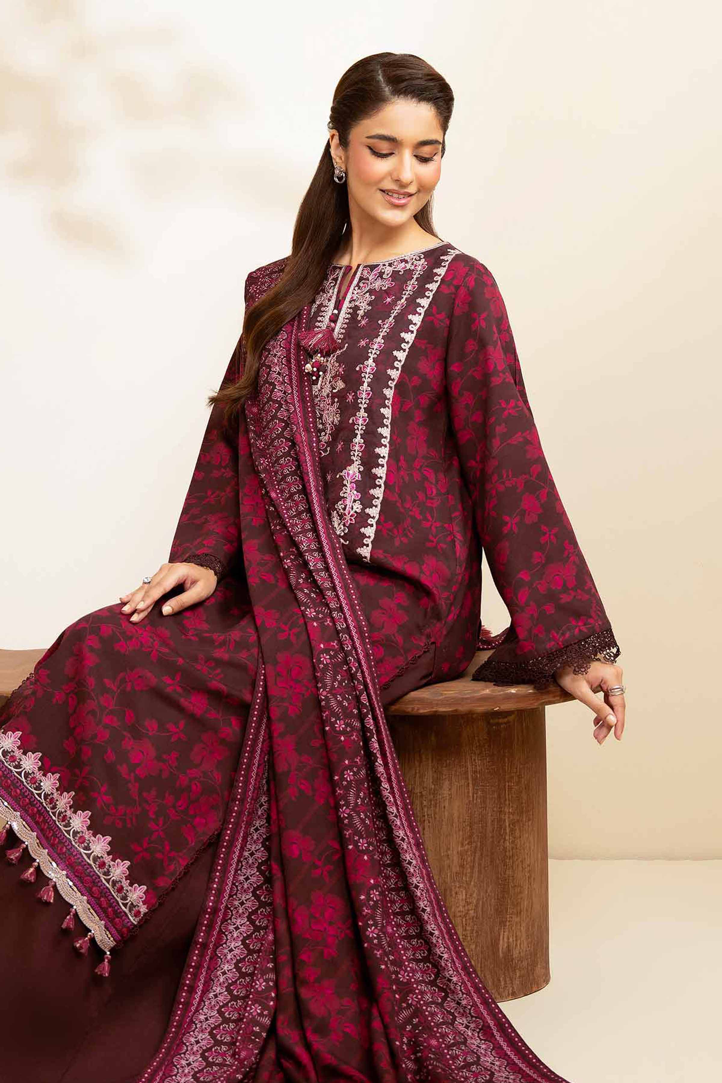 NISHATUAE - Purple Embroidered Linen 3-piece Unstitched Suit