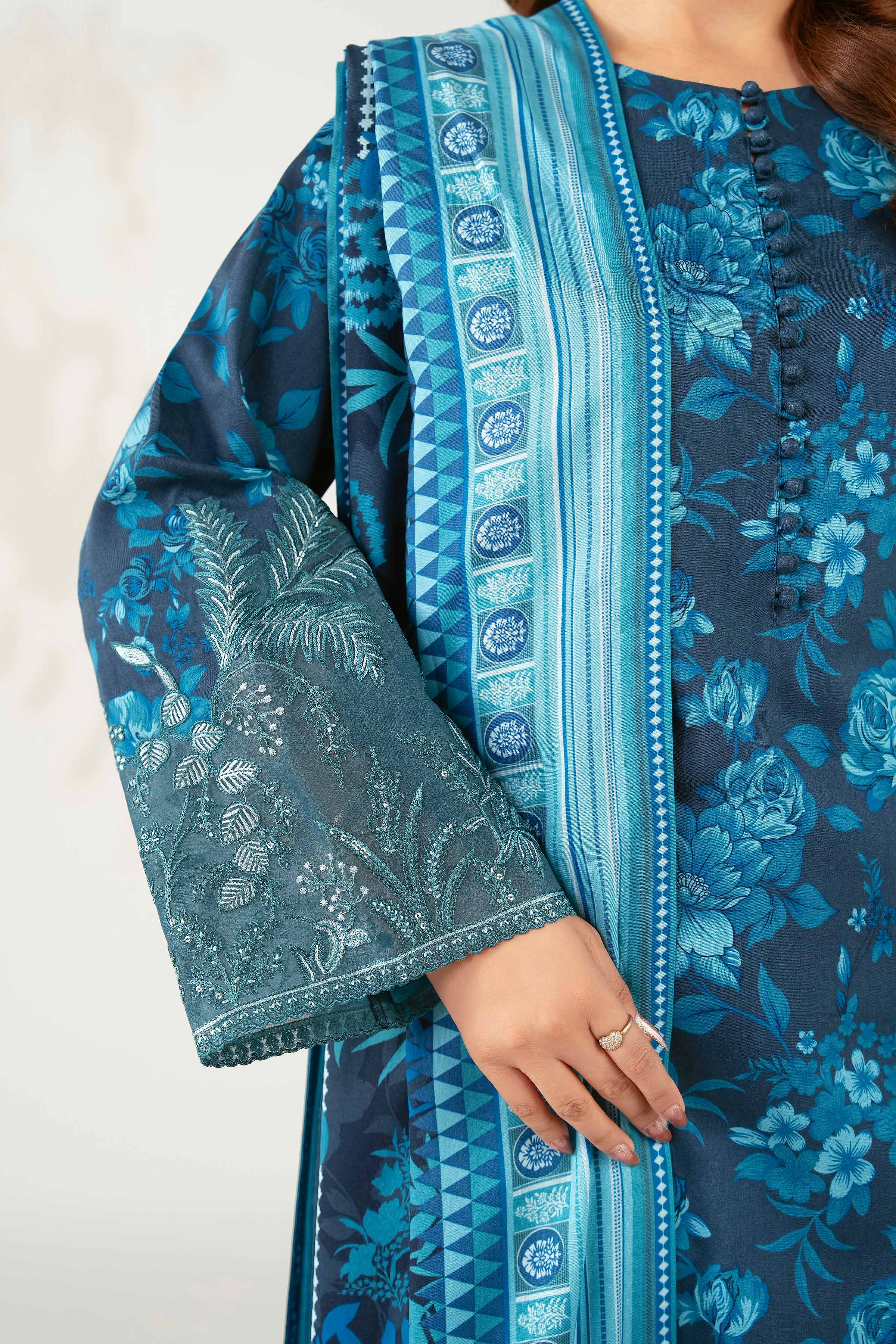 NISHATUAE - Blue Embroidered Linen 3-piece Unstitched Suit