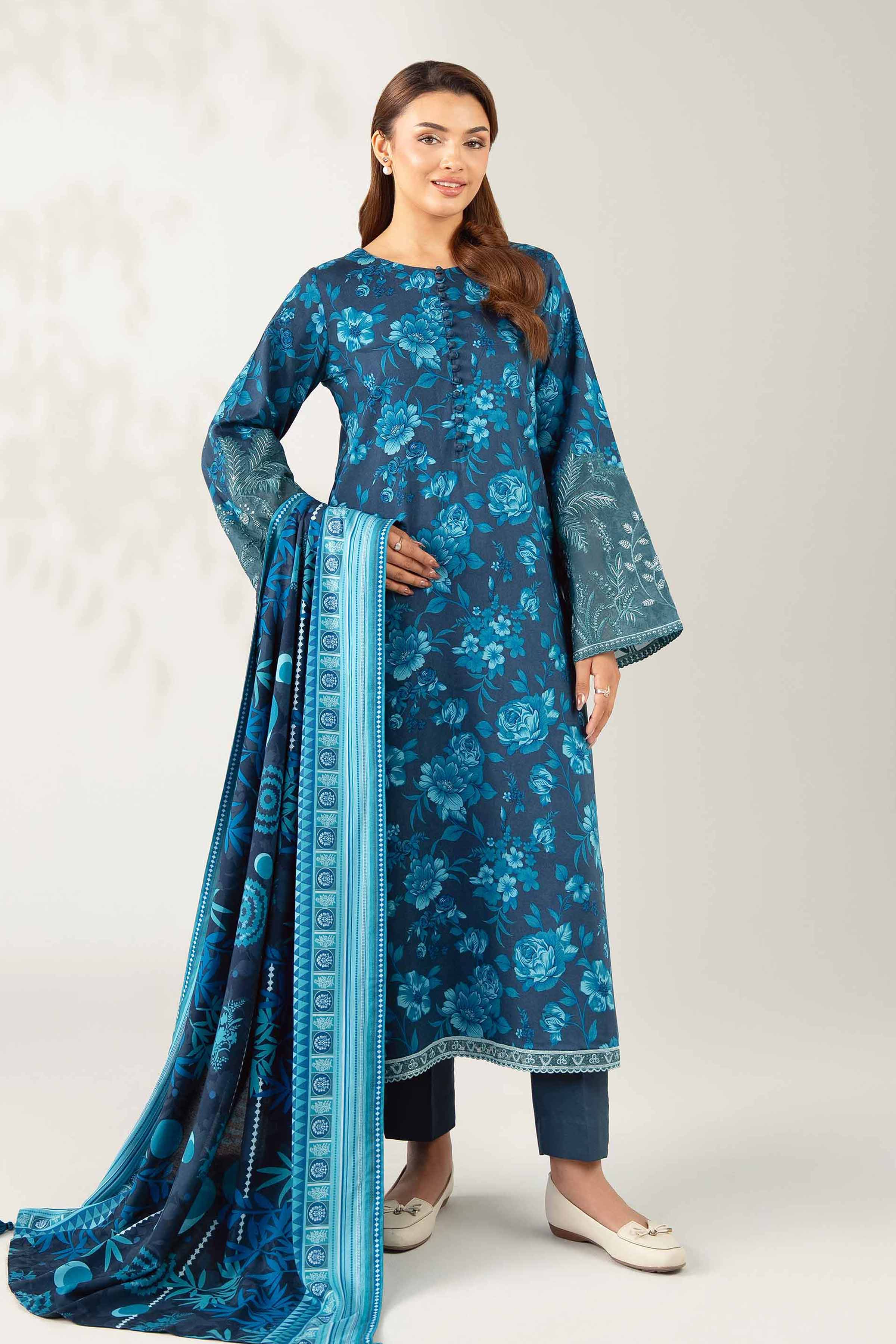 NISHATUAE - Blue Embroidered Linen 3-piece Unstitched Suit