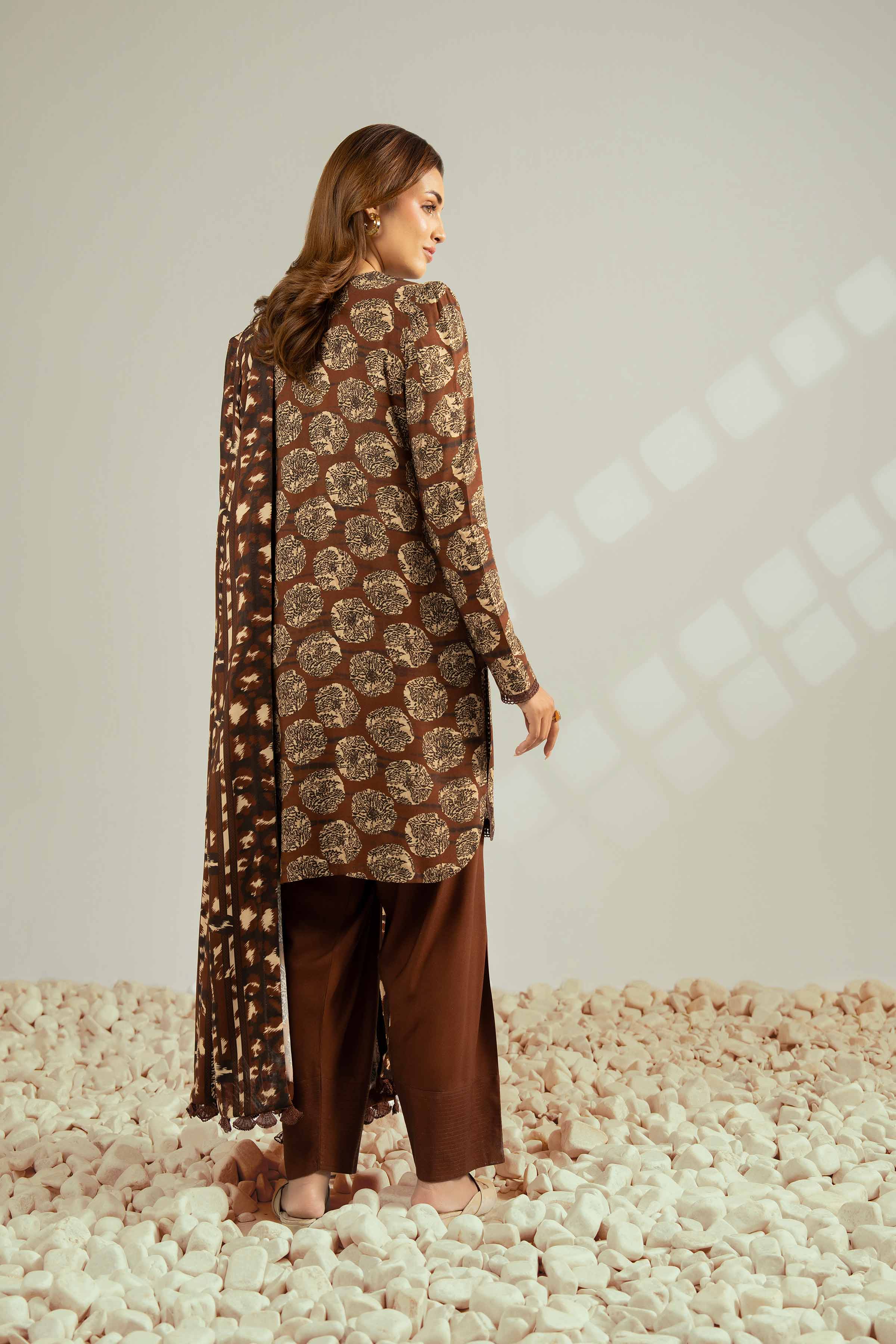 NISHATUAE - Brown Printed Linen 3-piece Unstitched Suit