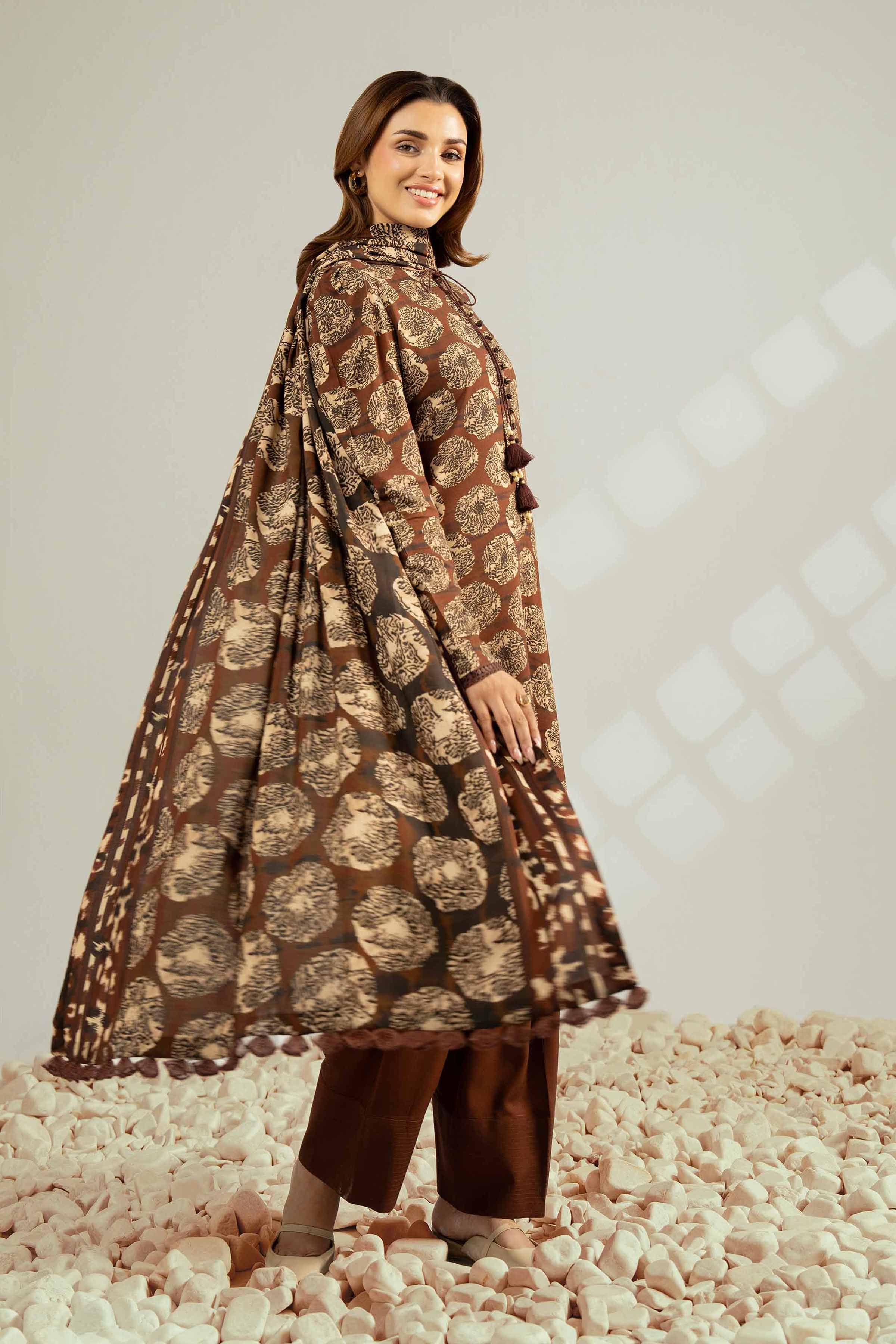 NISHATUAE - Brown Printed Linen 3-piece Unstitched Suit