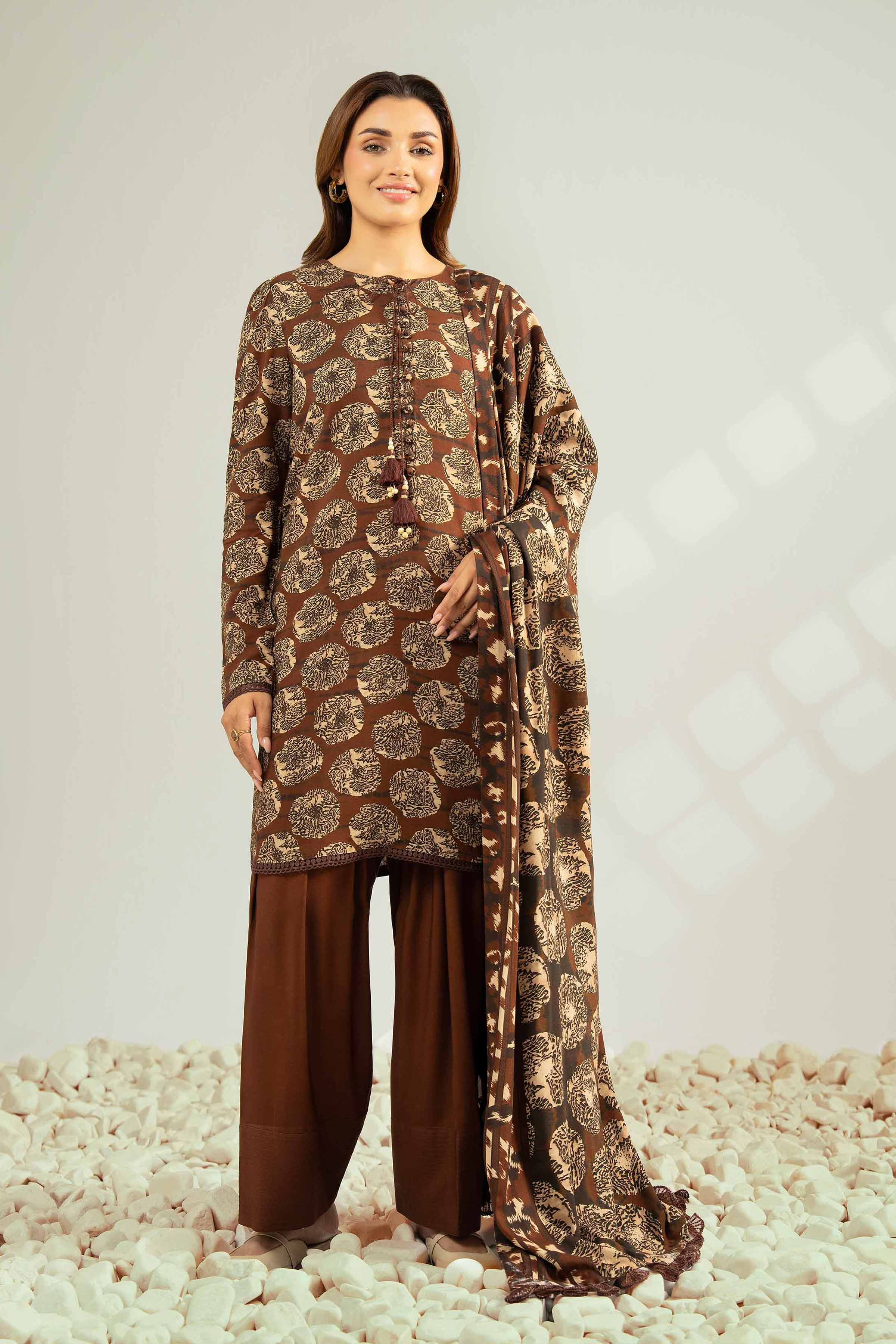 NISHATUAE - Brown Printed Linen 3-piece Unstitched Suit