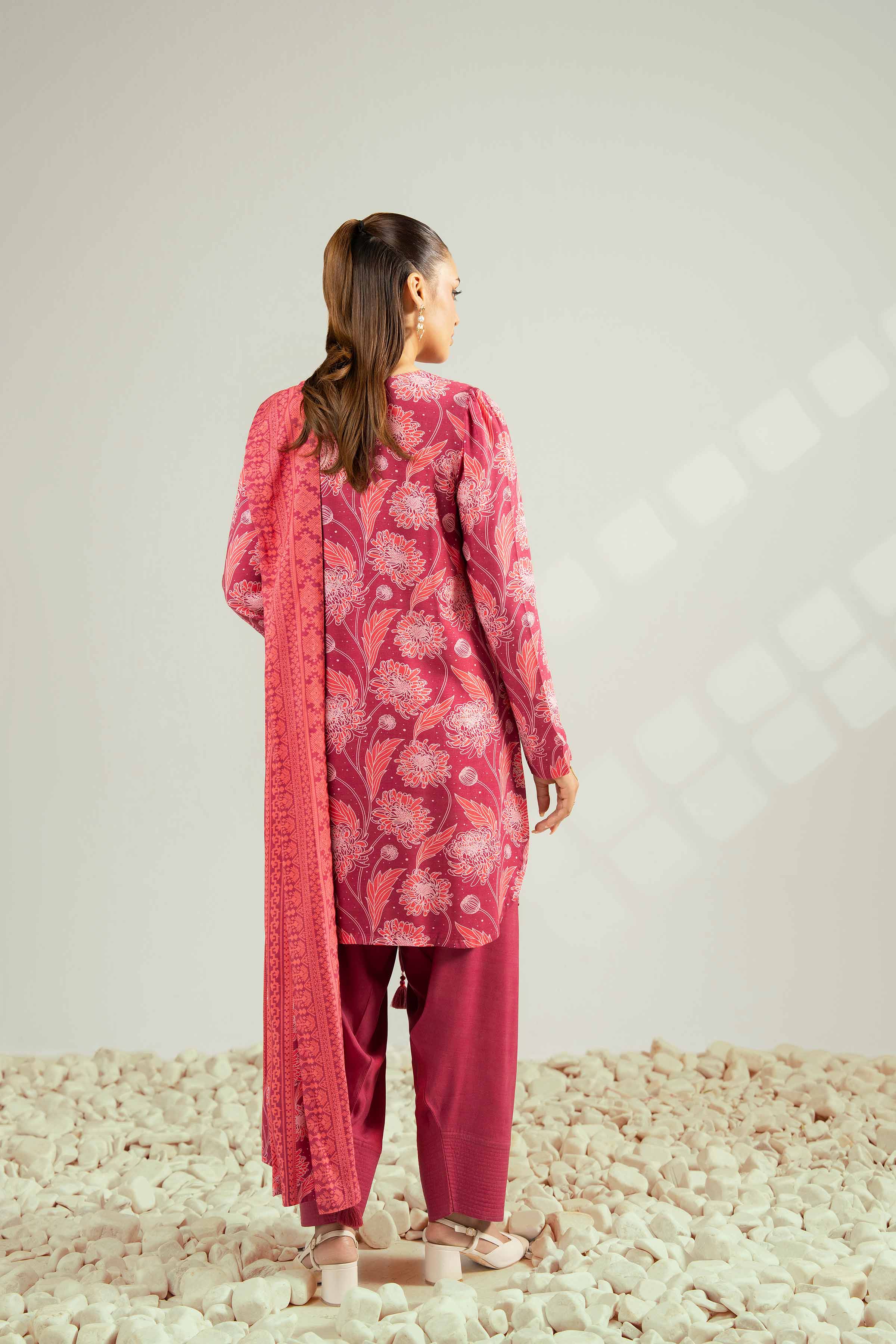 NISHATUAE - Maroon Printed Linen 3-piece Unstitched Suit