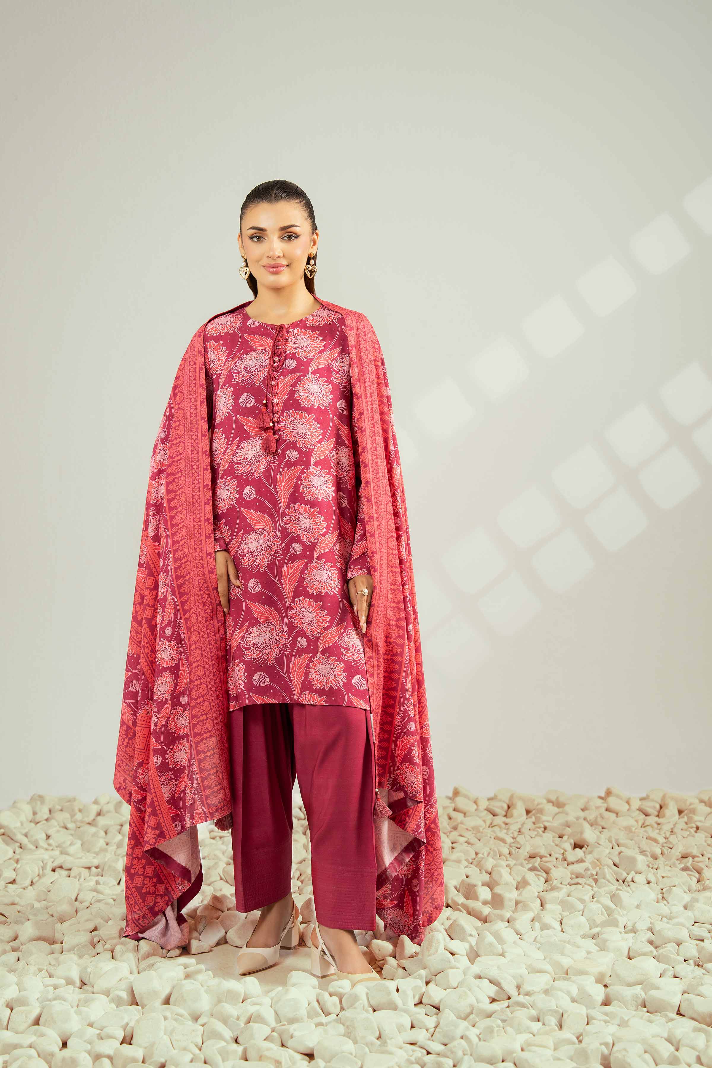 NISHATUAE - Maroon Printed Linen 3-piece Unstitched Suit