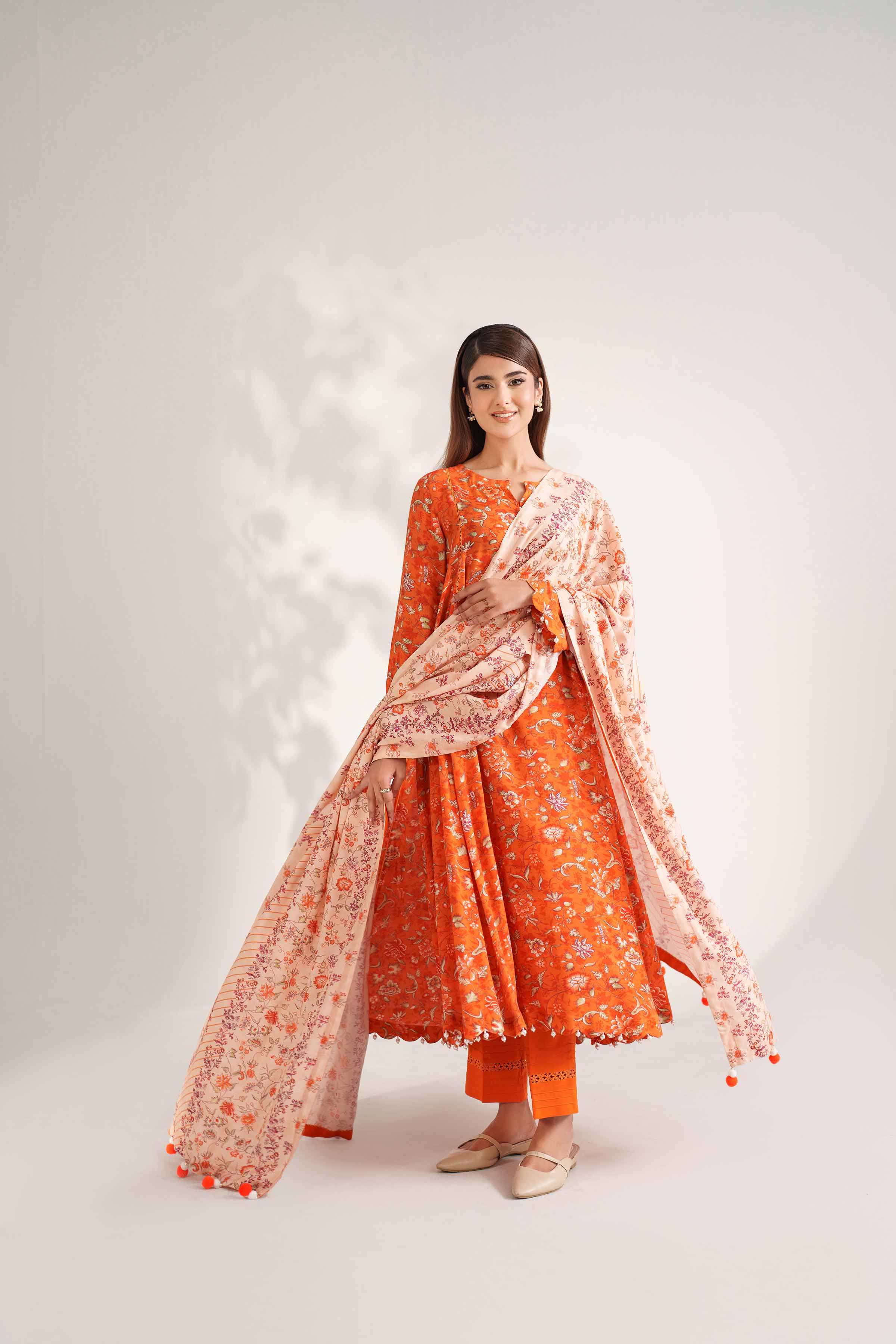 NISHATUAE - Orange Printed Linen 3-piece Unstitched Suit