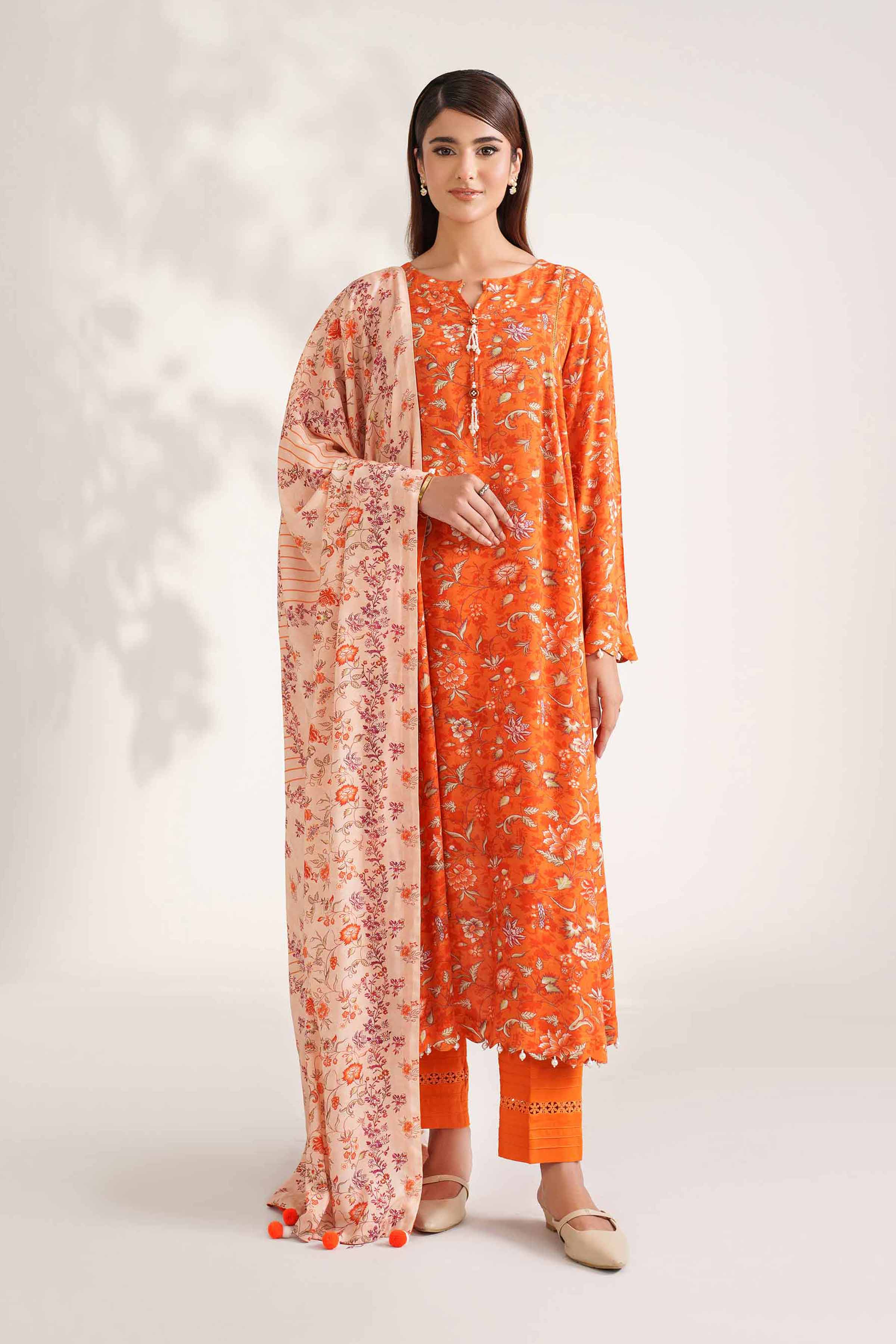 NISHATUAE - Orange Printed Linen 3-piece Unstitched Suit