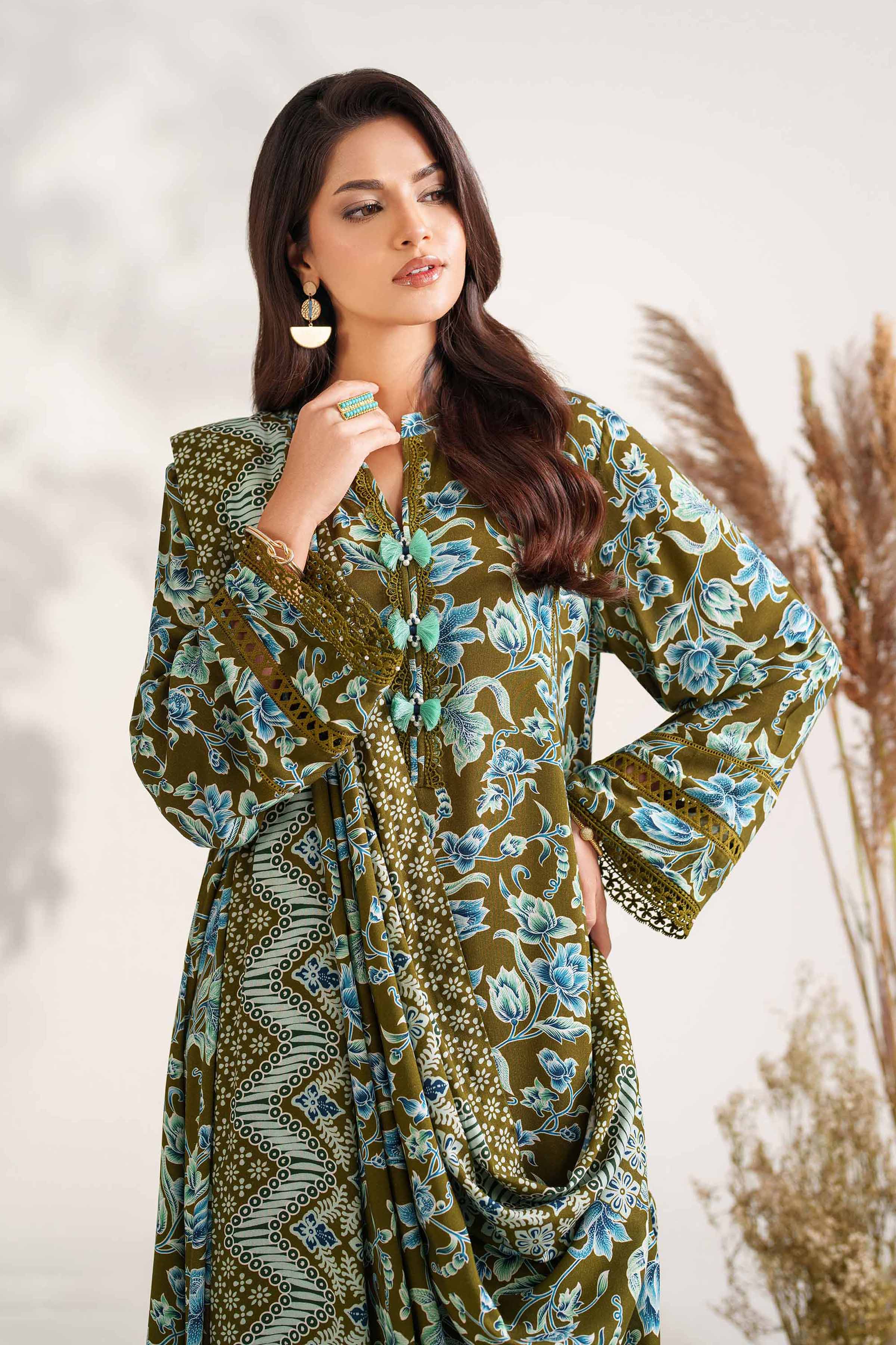 NISHATUAE - Brown Printed Linen 3-piece Unstitched Suit