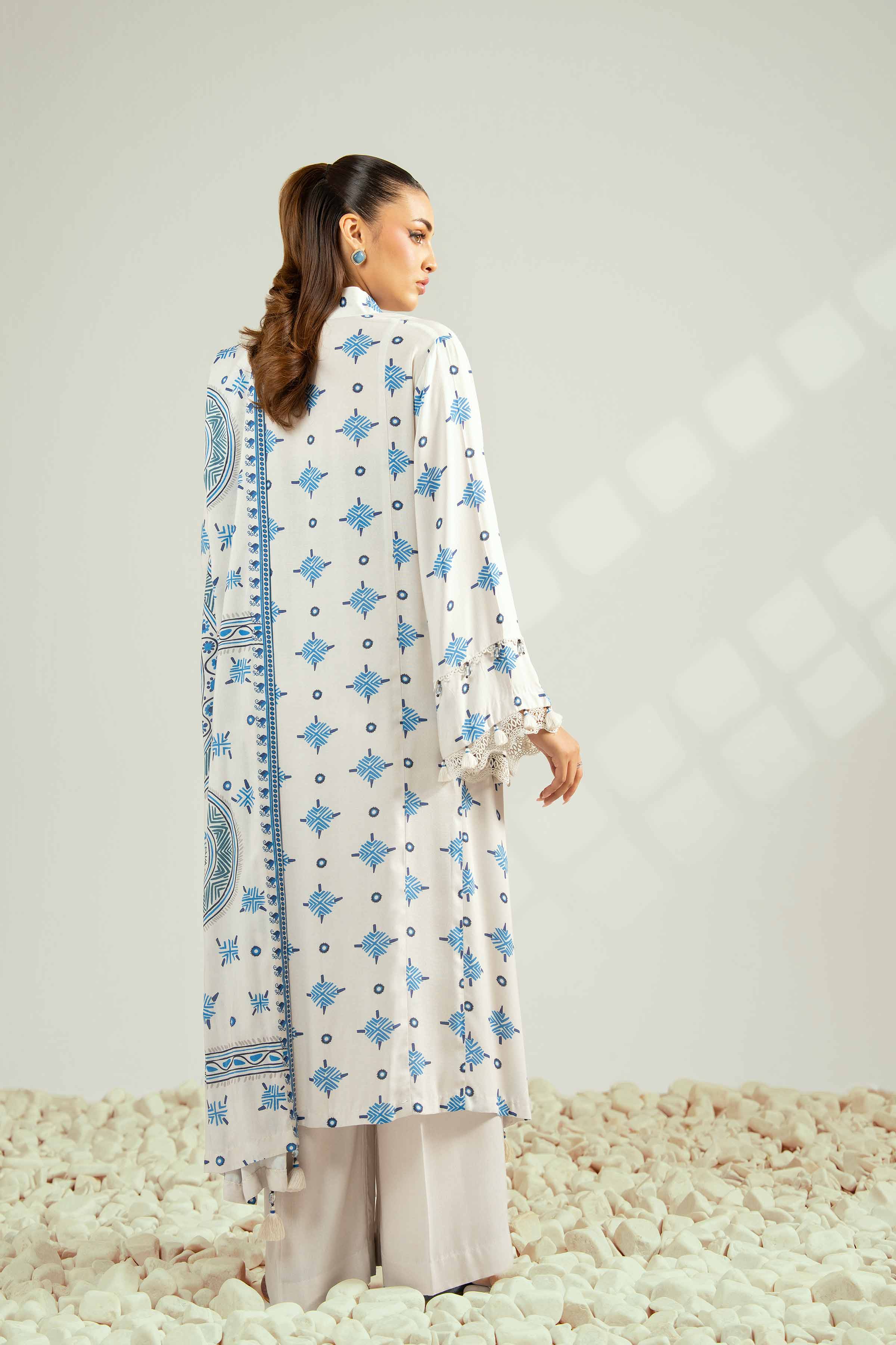 NISHATUAE - White Printed Linen 3-piece Unstitched Suit