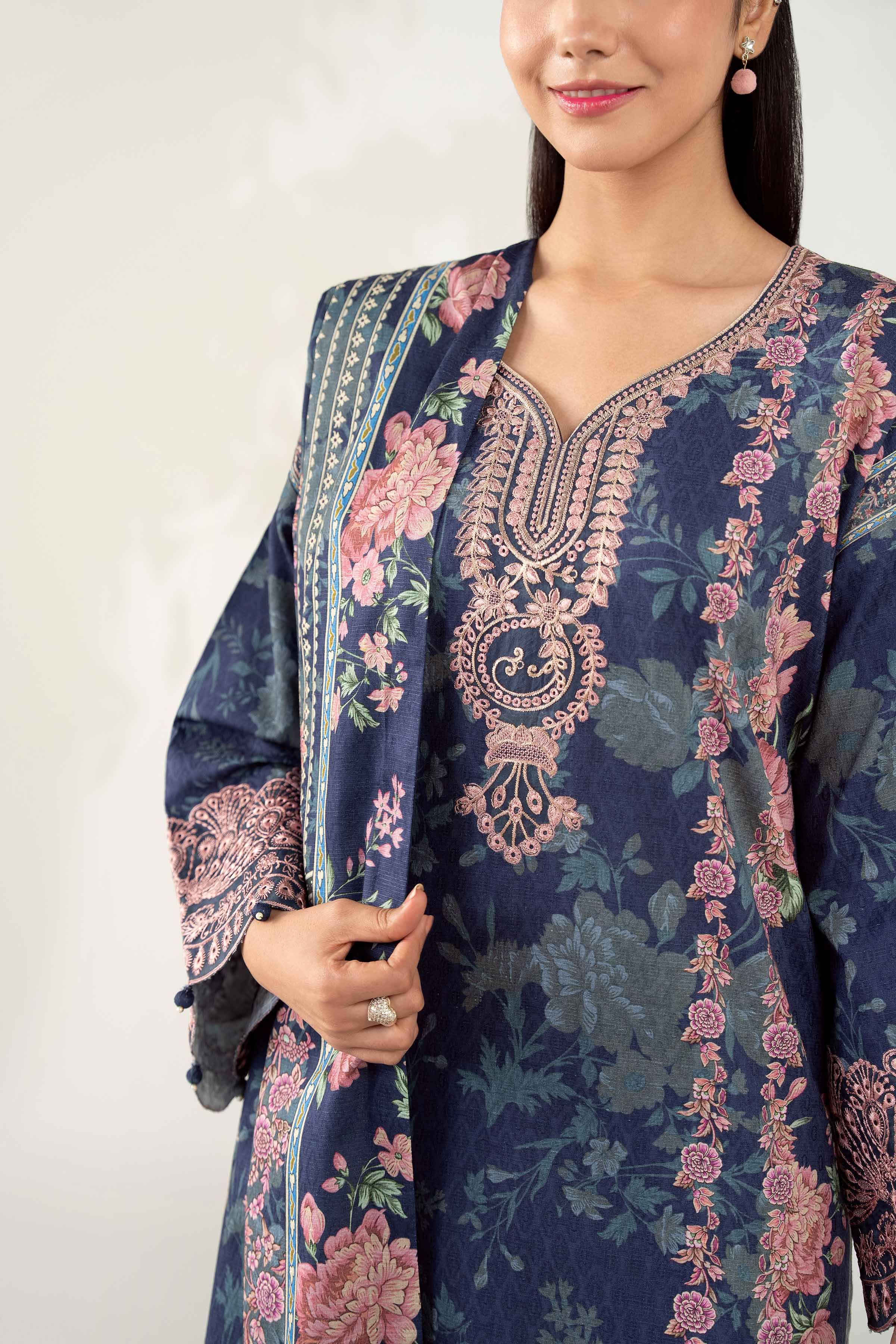 NISHATUAE - Blue Embroidered Jacquard 3-piece Unstitched Suit