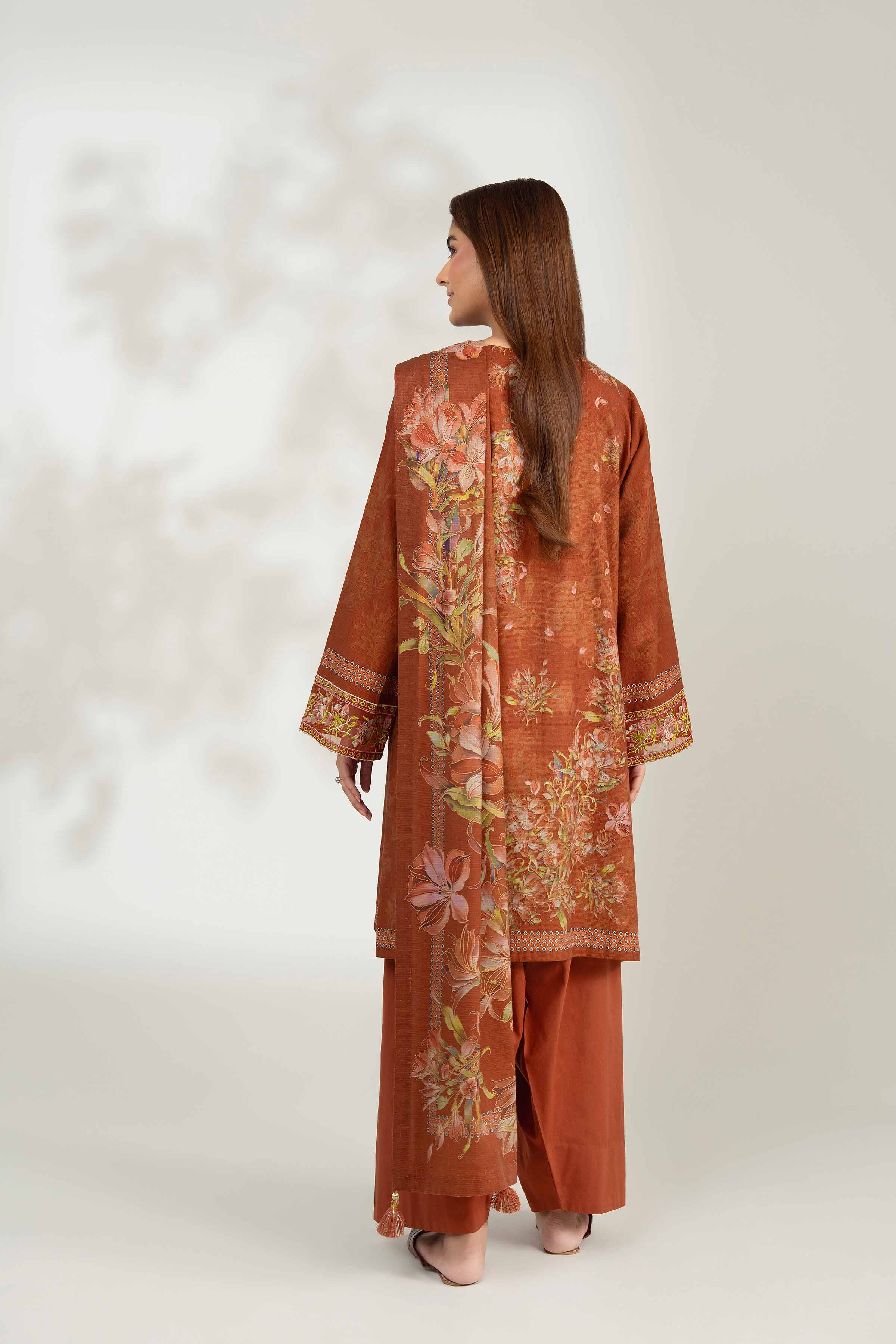 NISHATUAE - Brown Embroidered Jacquard 3-piece Unstitched Suit