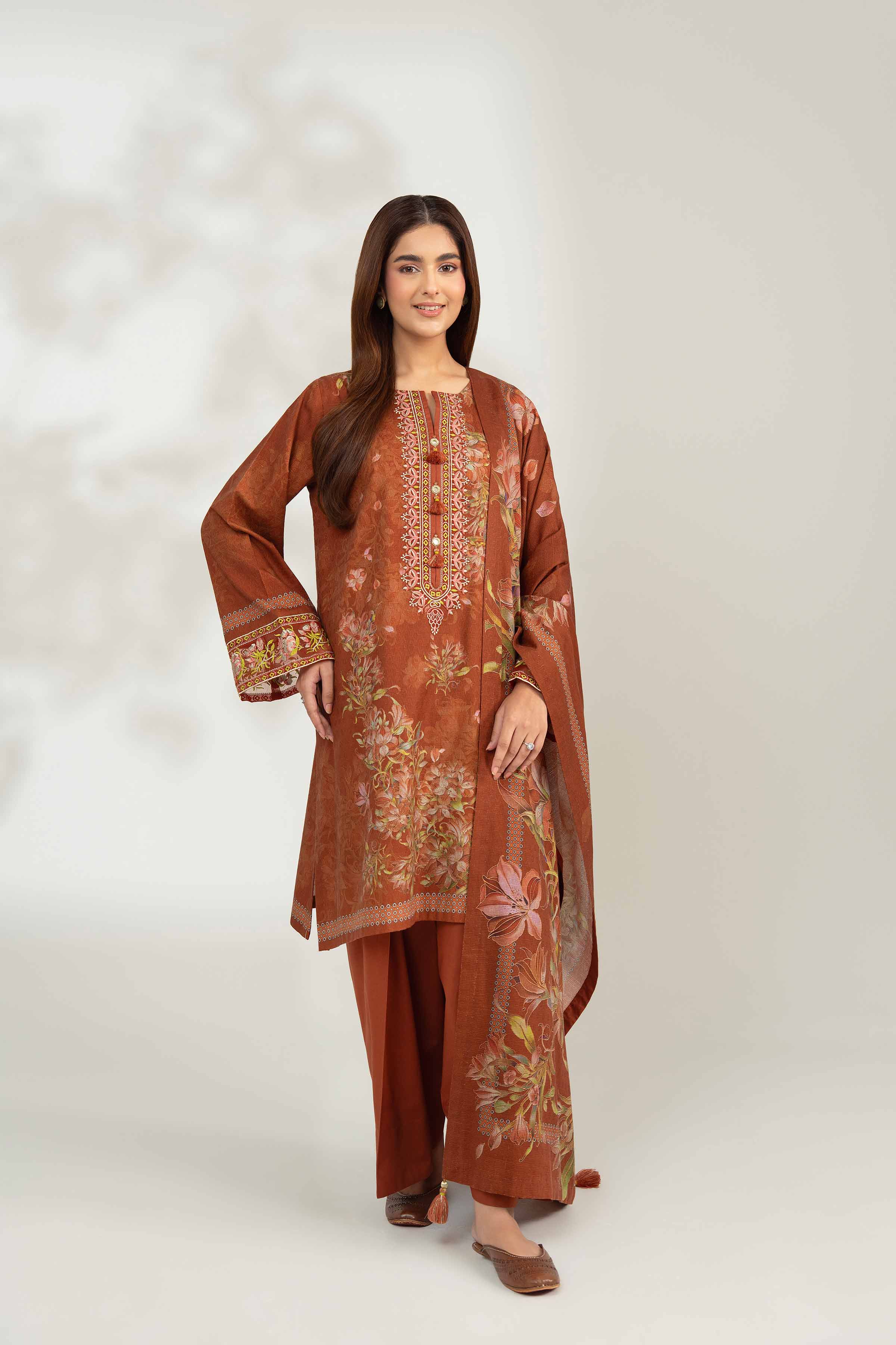 NISHATUAE - Brown Embroidered Jacquard 3-piece Unstitched Suit