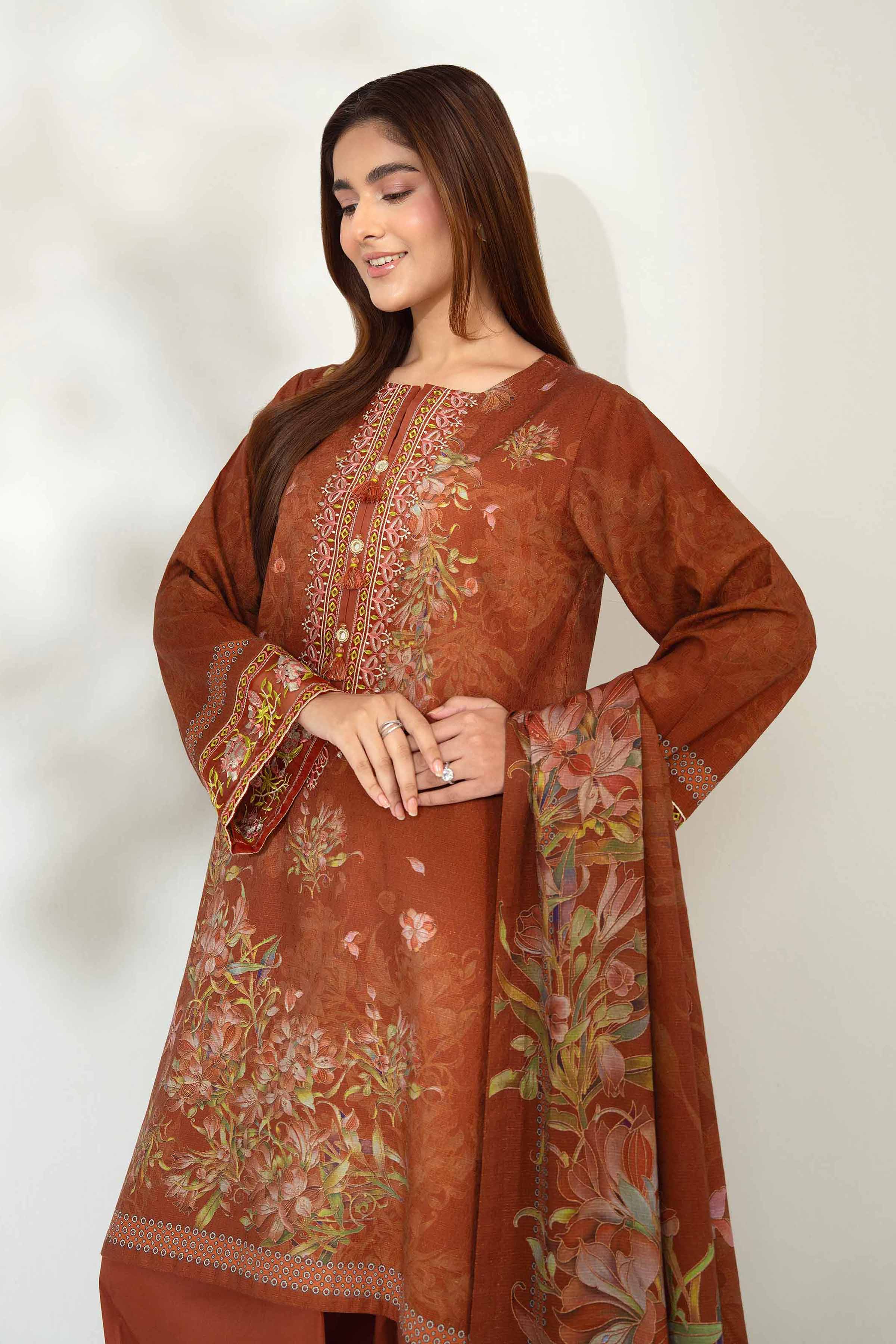 NISHATUAE - Brown Embroidered Jacquard 3-piece Unstitched Suit