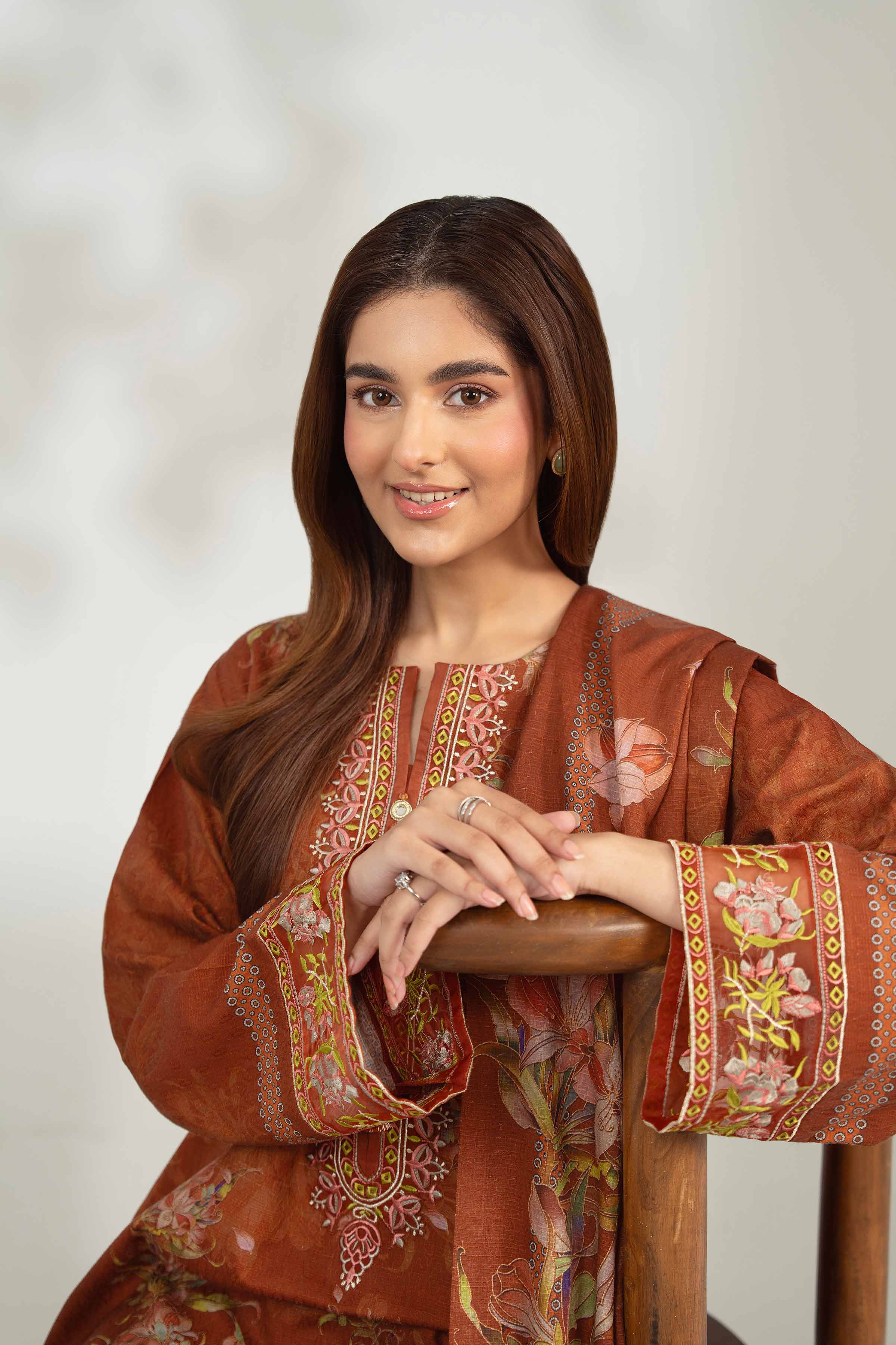 NISHATUAE - Brown Embroidered Jacquard 3-piece Unstitched Suit