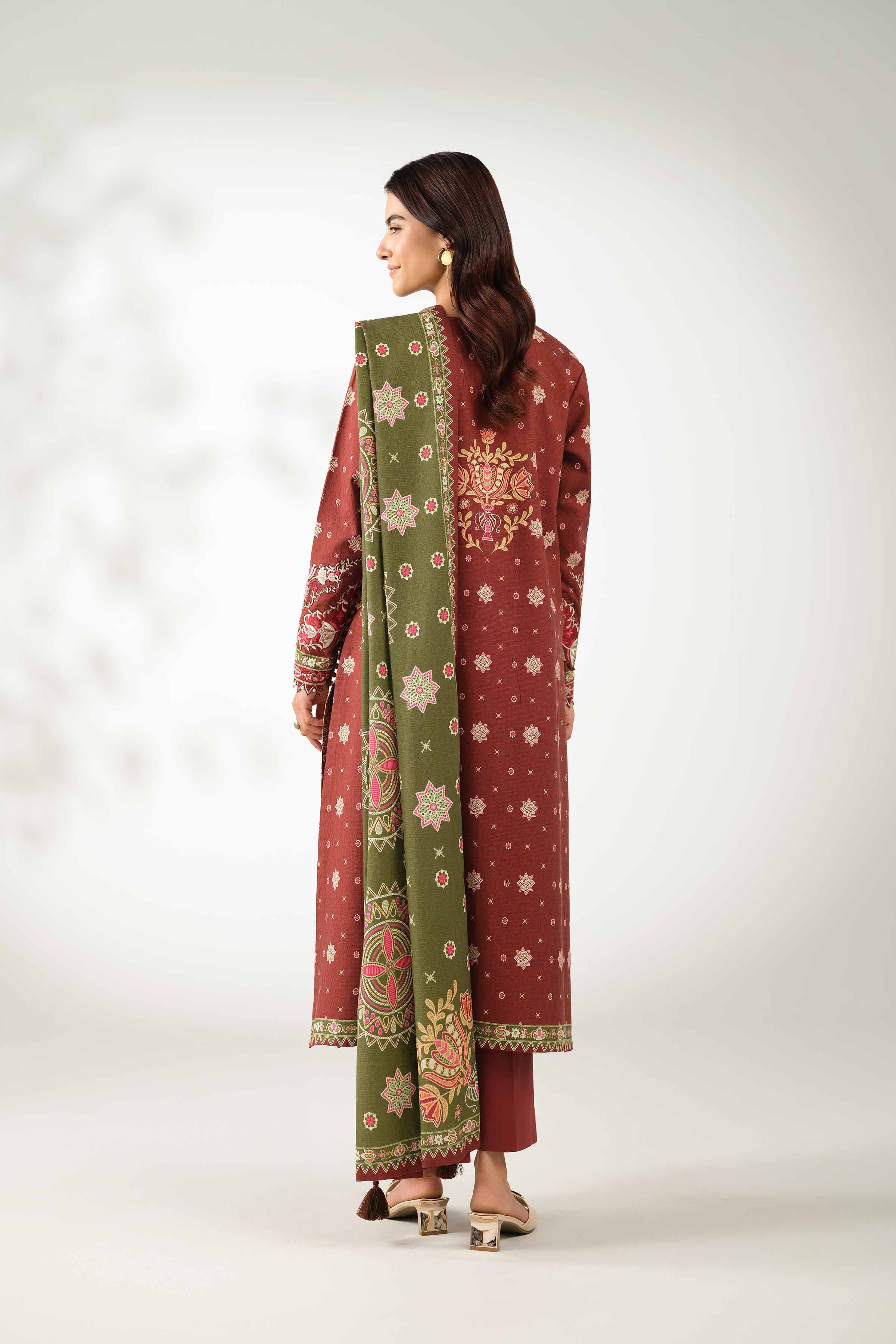 NISHATUAE - Rust Embroidered Jacquard 3-piece Unstitched Suit
