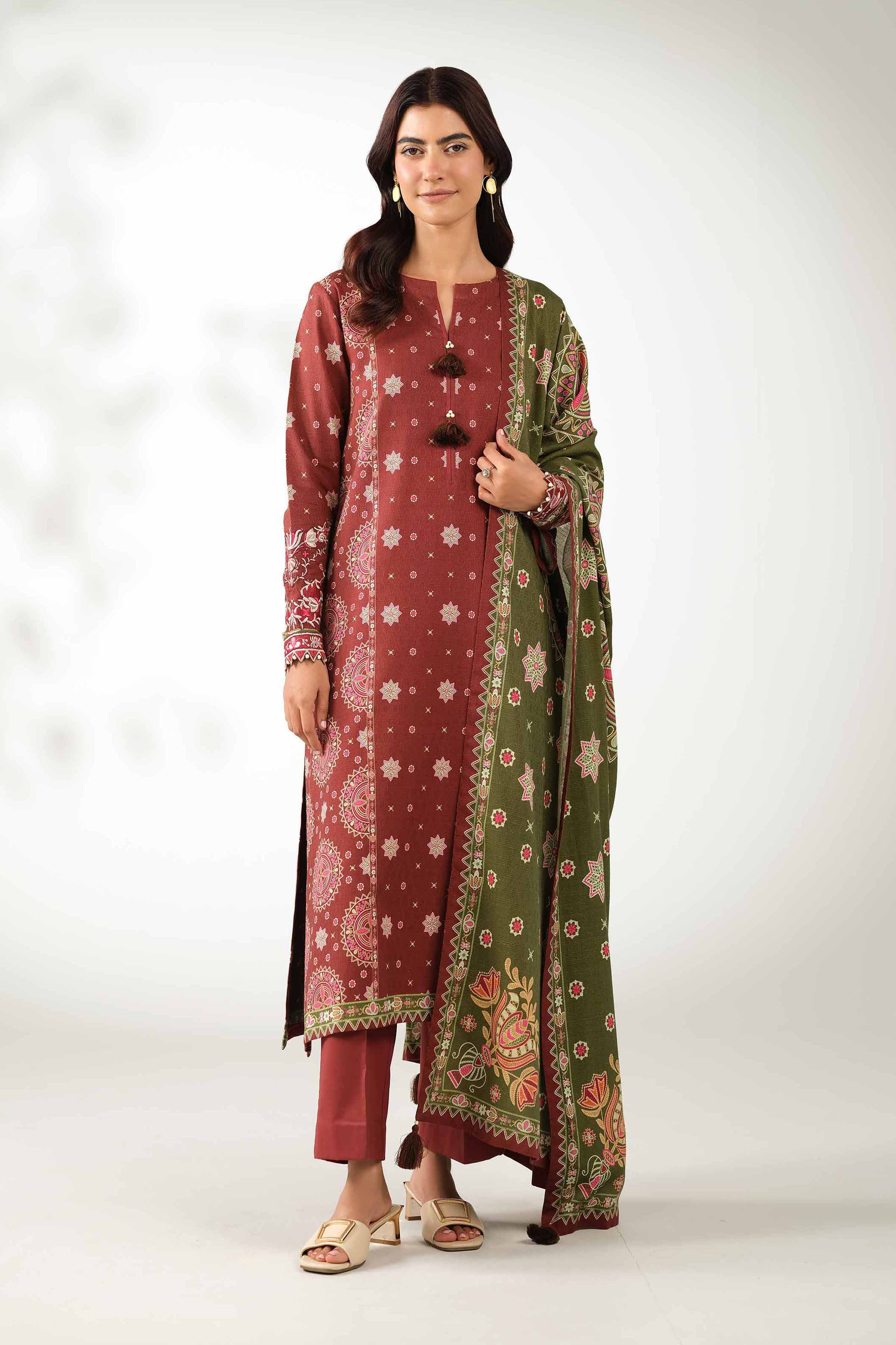 NISHATUAE - Rust Embroidered Jacquard 3-piece Unstitched Suit