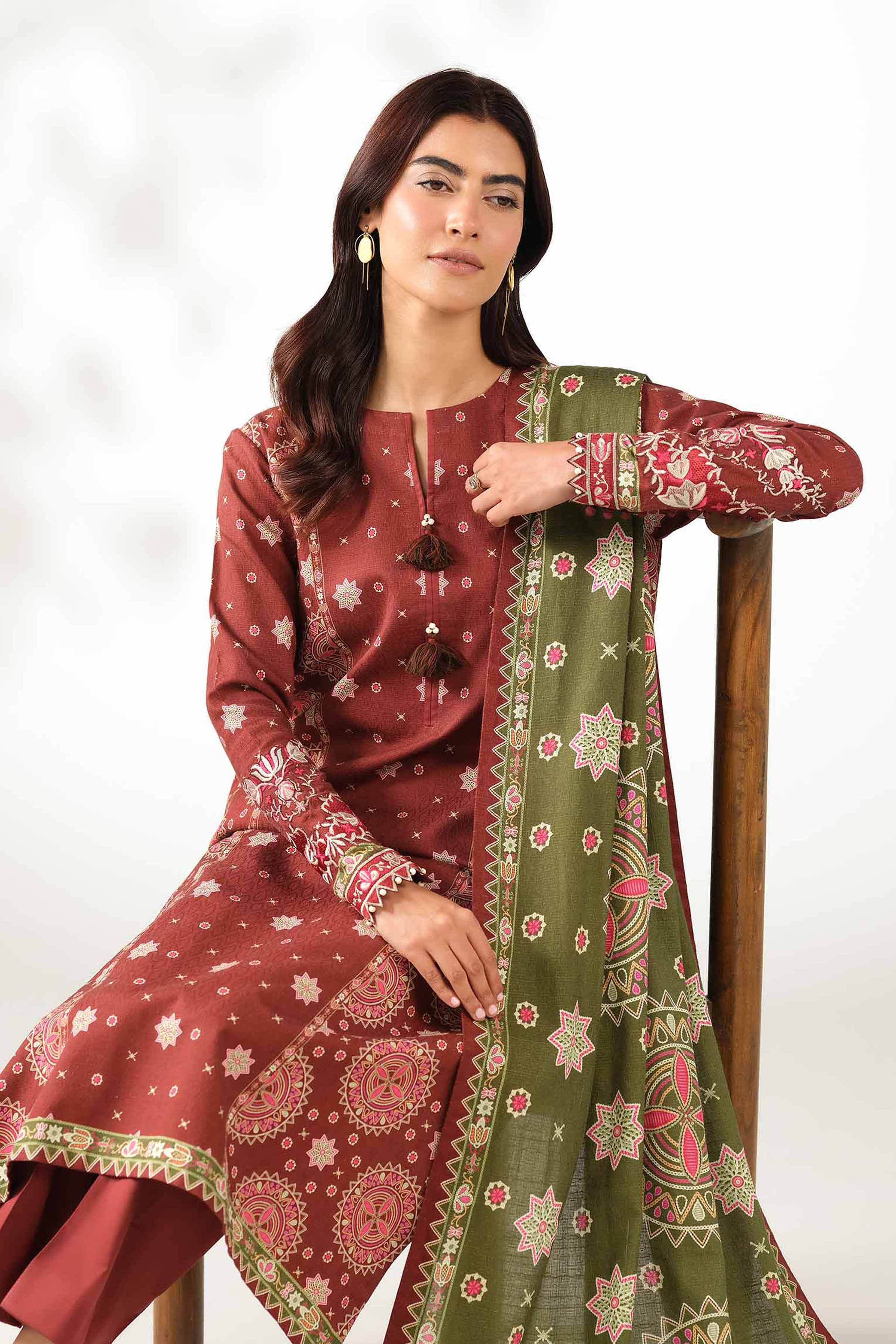 NISHATUAE - Rust Embroidered Jacquard 3-piece Unstitched Suit