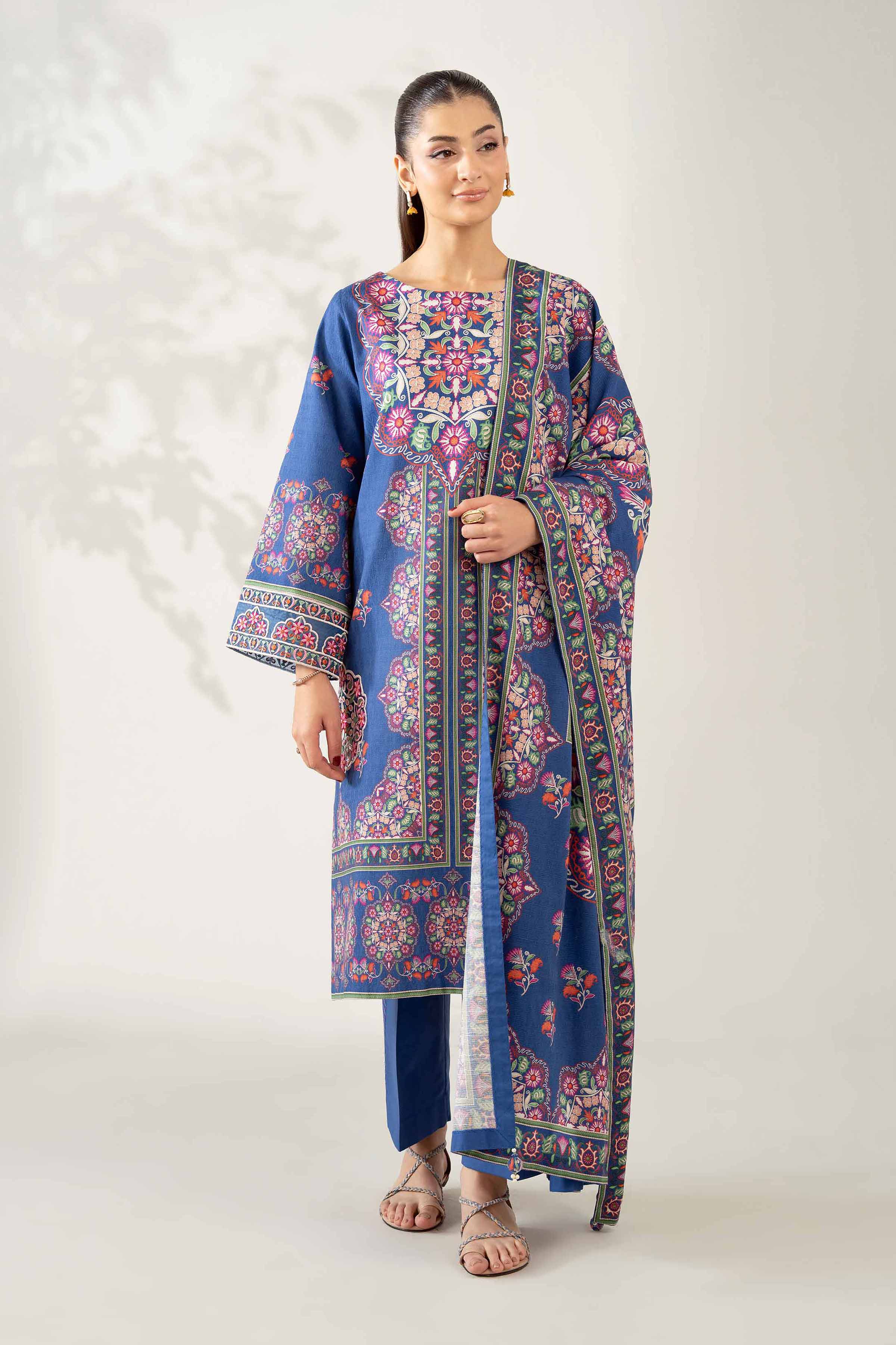 NISHATUAE - Blue Embroidered Jacquard 3-piece Unstitched Suit