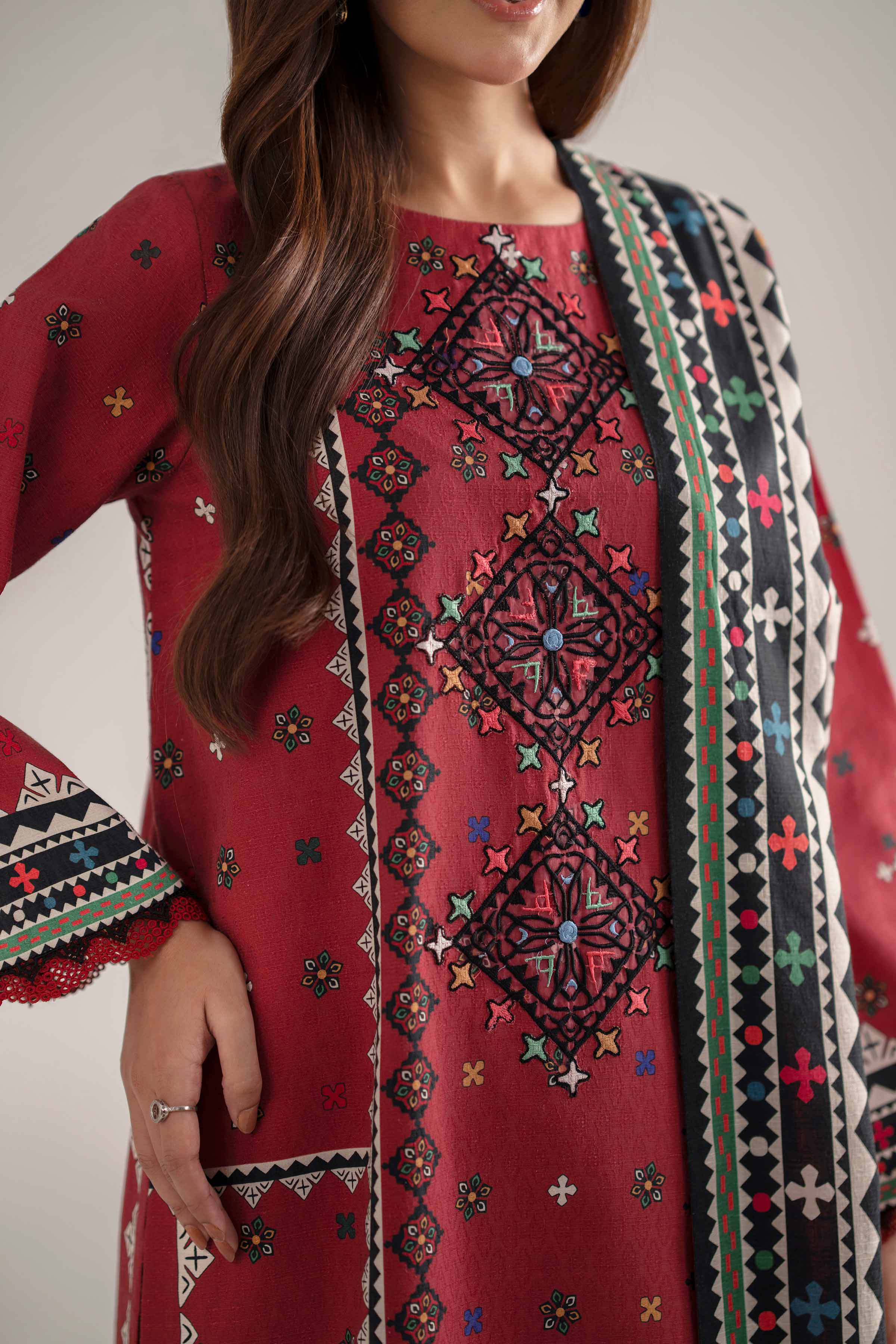NISHATUAE - Pink Embroidered Jacquard 3-piece Unstitched Suit