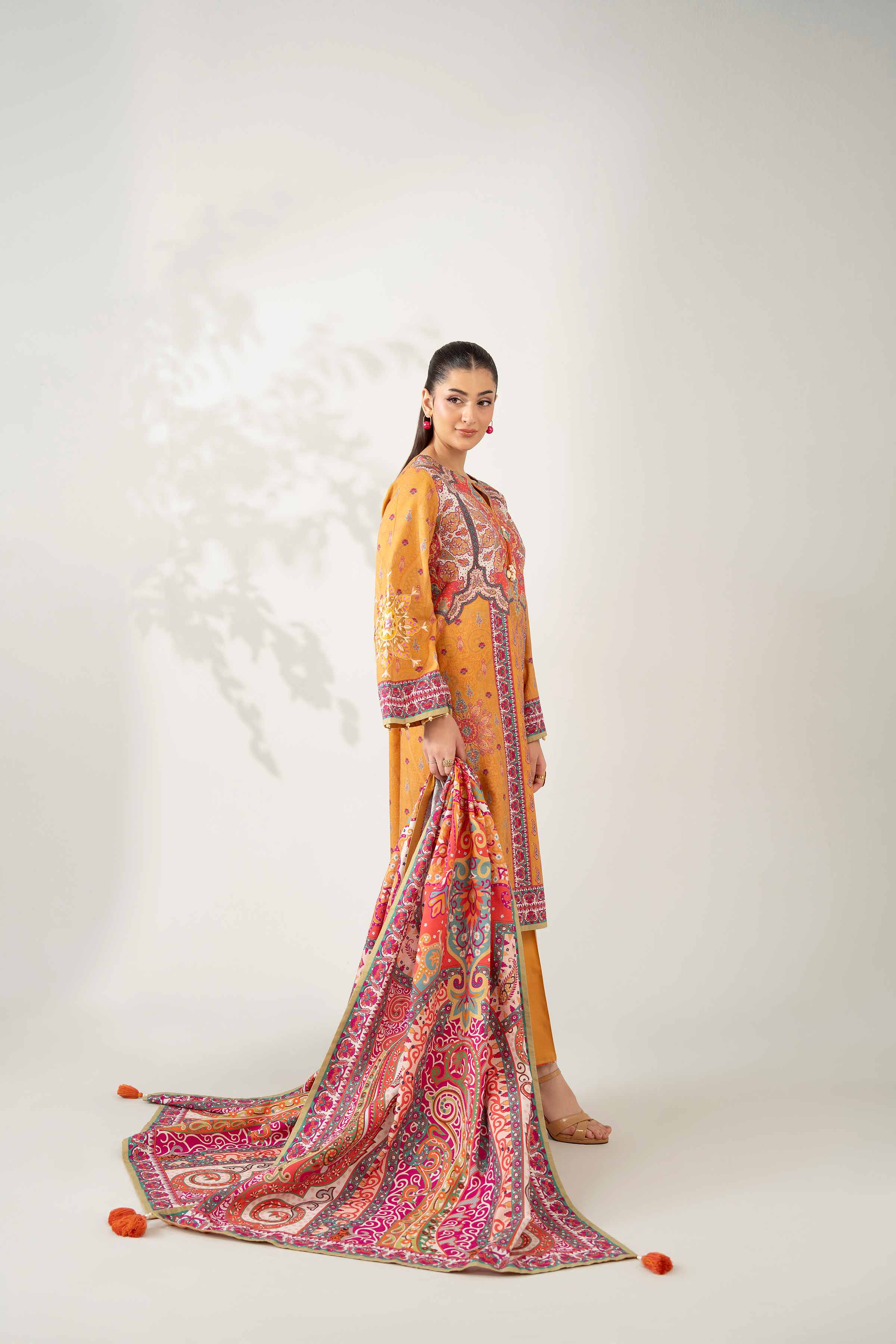 NISHATUAE - Mustard Embroidered Jacquard 3-piece Unstitched Suit