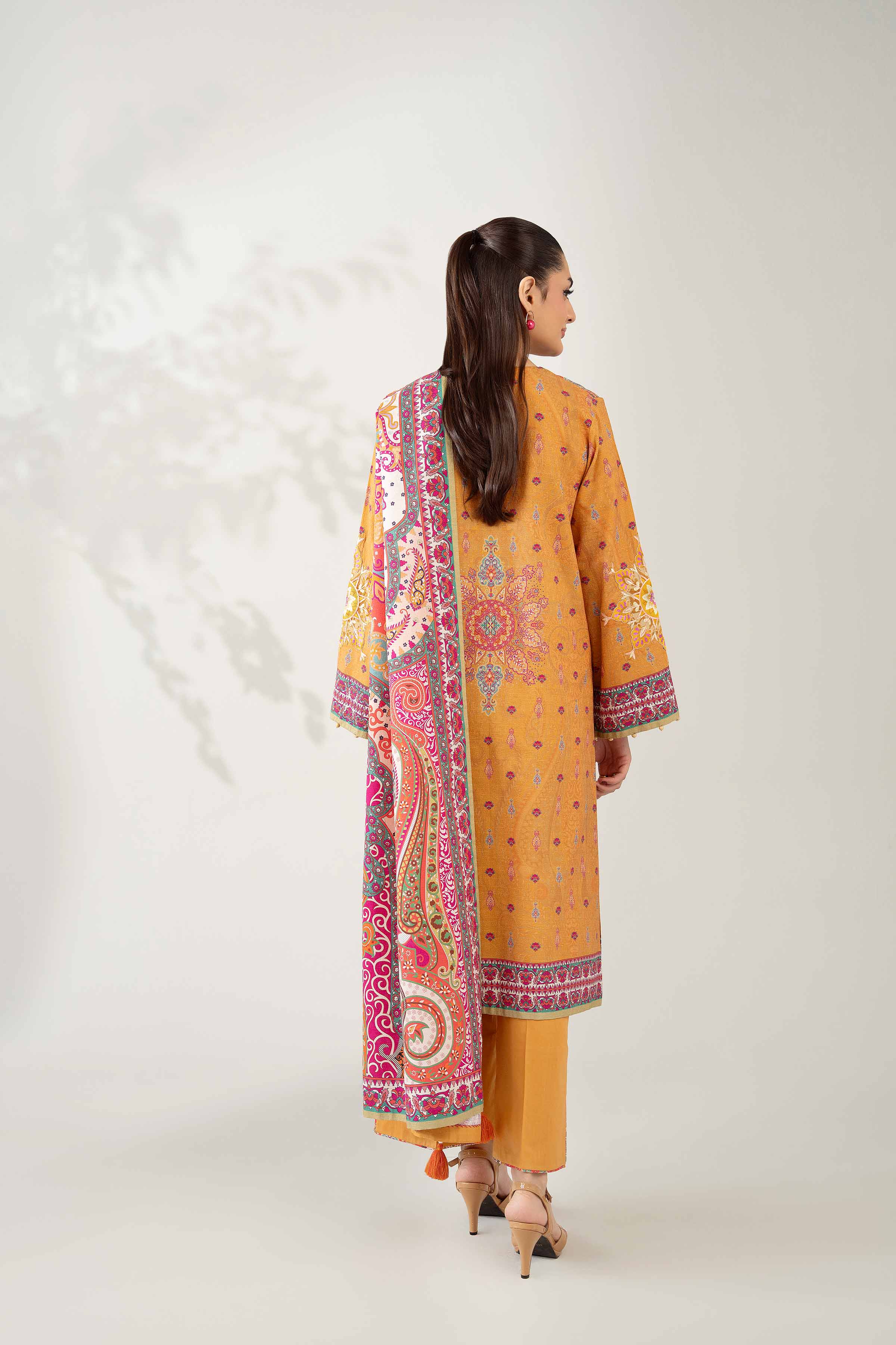 NISHATUAE - Mustard Embroidered Jacquard 3-piece Unstitched Suit
