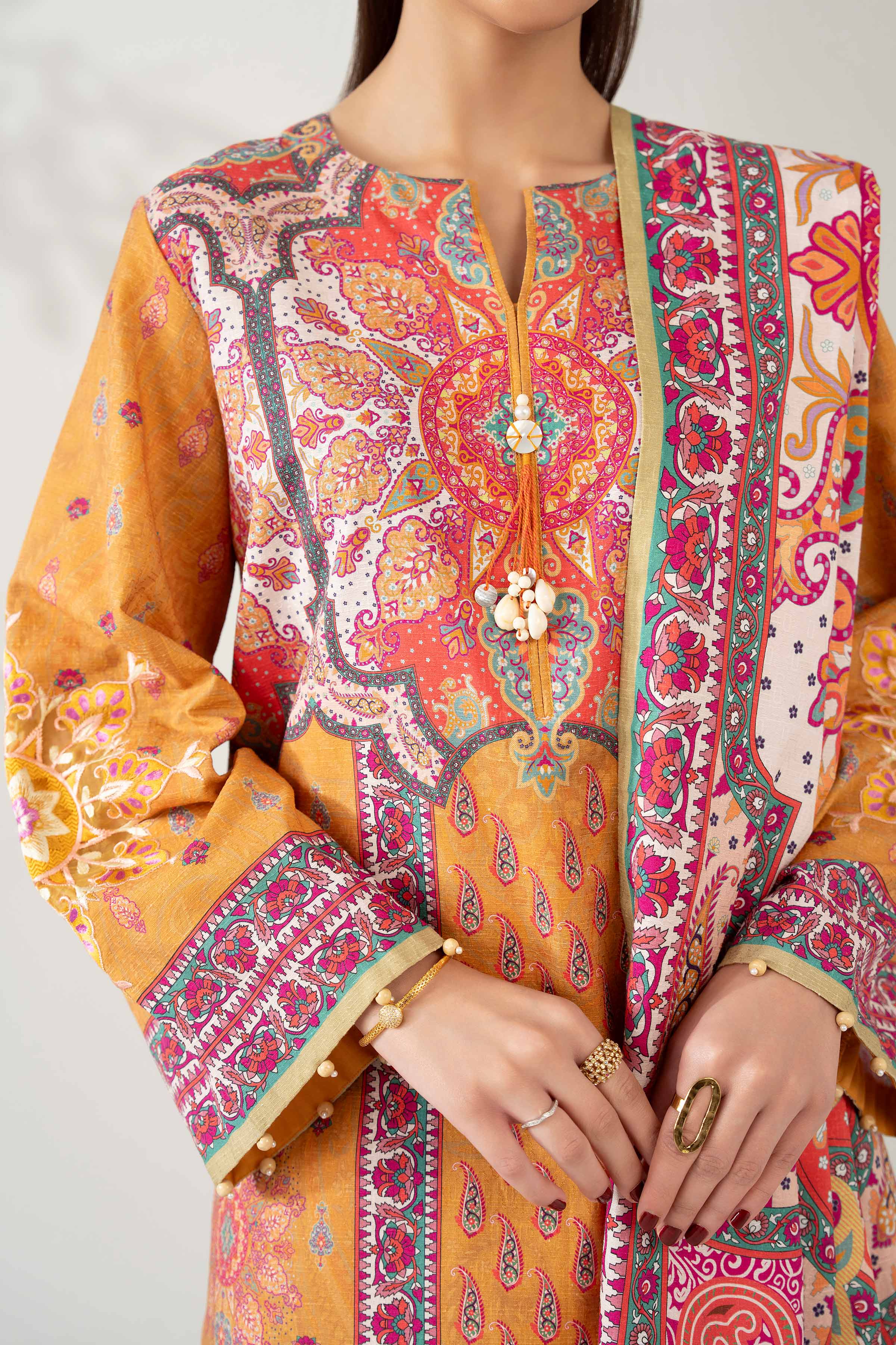NISHATUAE - Mustard Embroidered Jacquard 3-piece Unstitched Suit