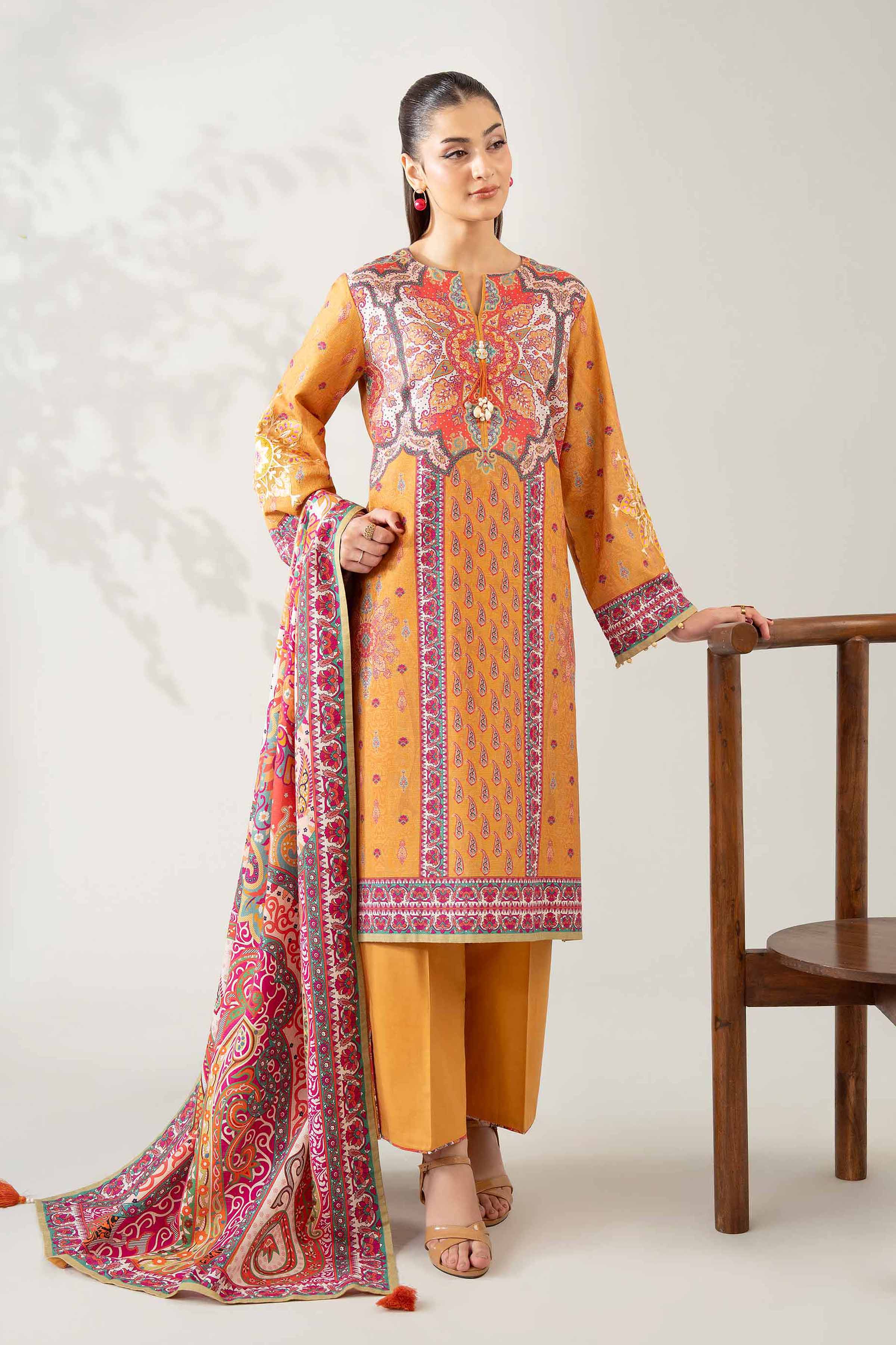 NISHATUAE - Mustard Embroidered Jacquard 3-piece Unstitched Suit
