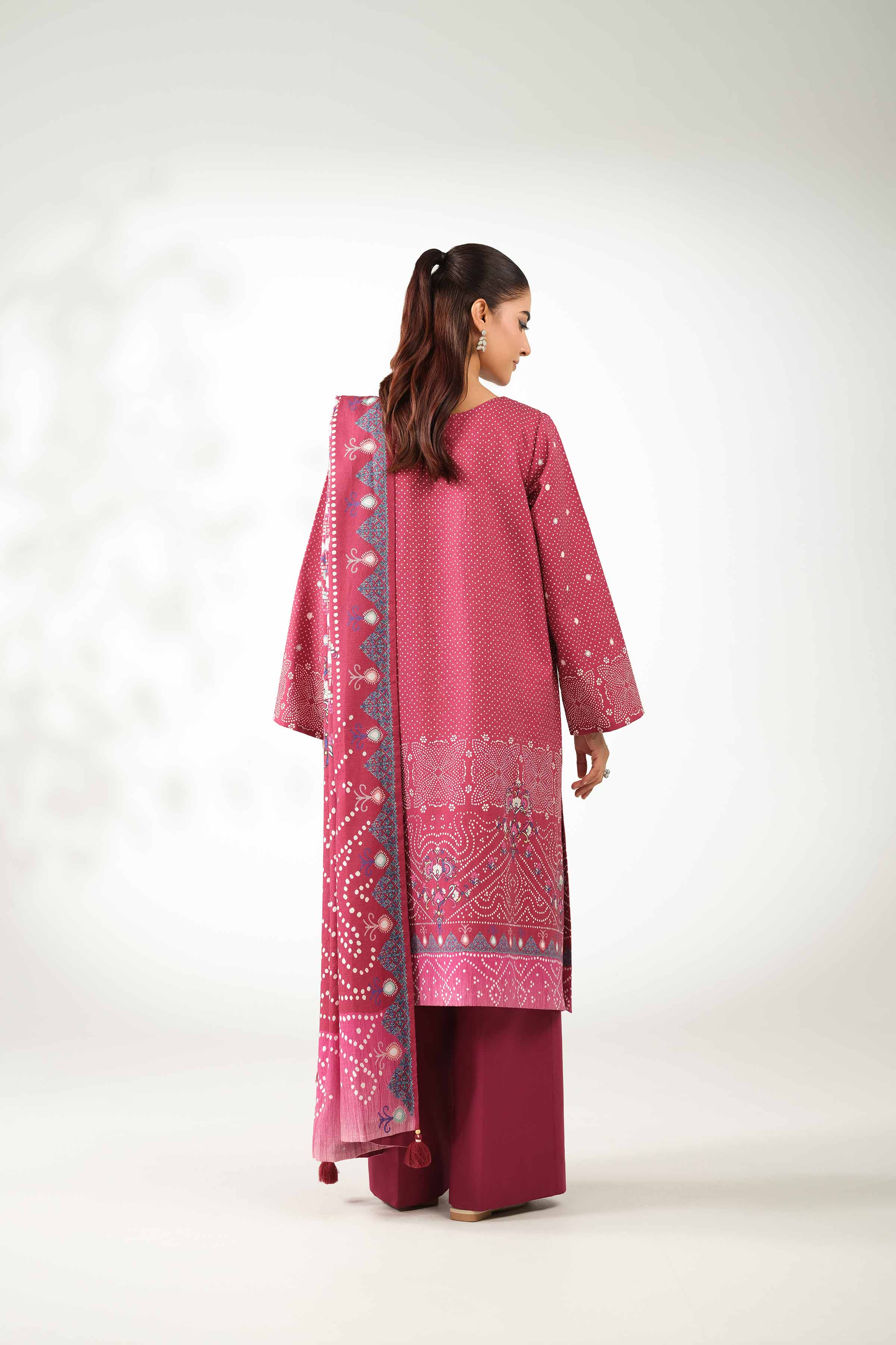 NISHATUAE - Burgundy Embroidered Jacquard 3-piece Unstitched Suit