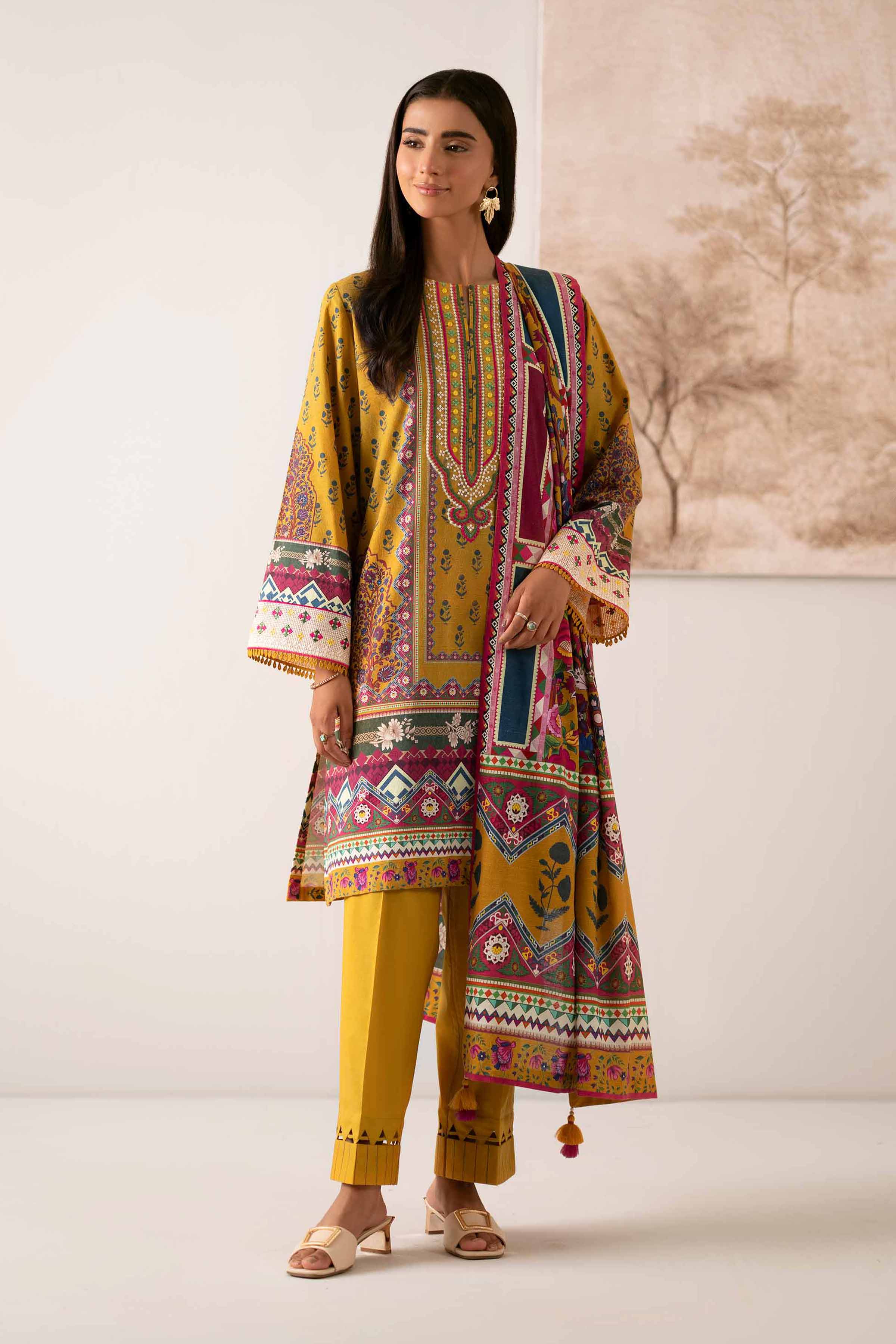 NISHATUAE - Mustard Embroidered Jacquard 3-piece Unstitched Suit