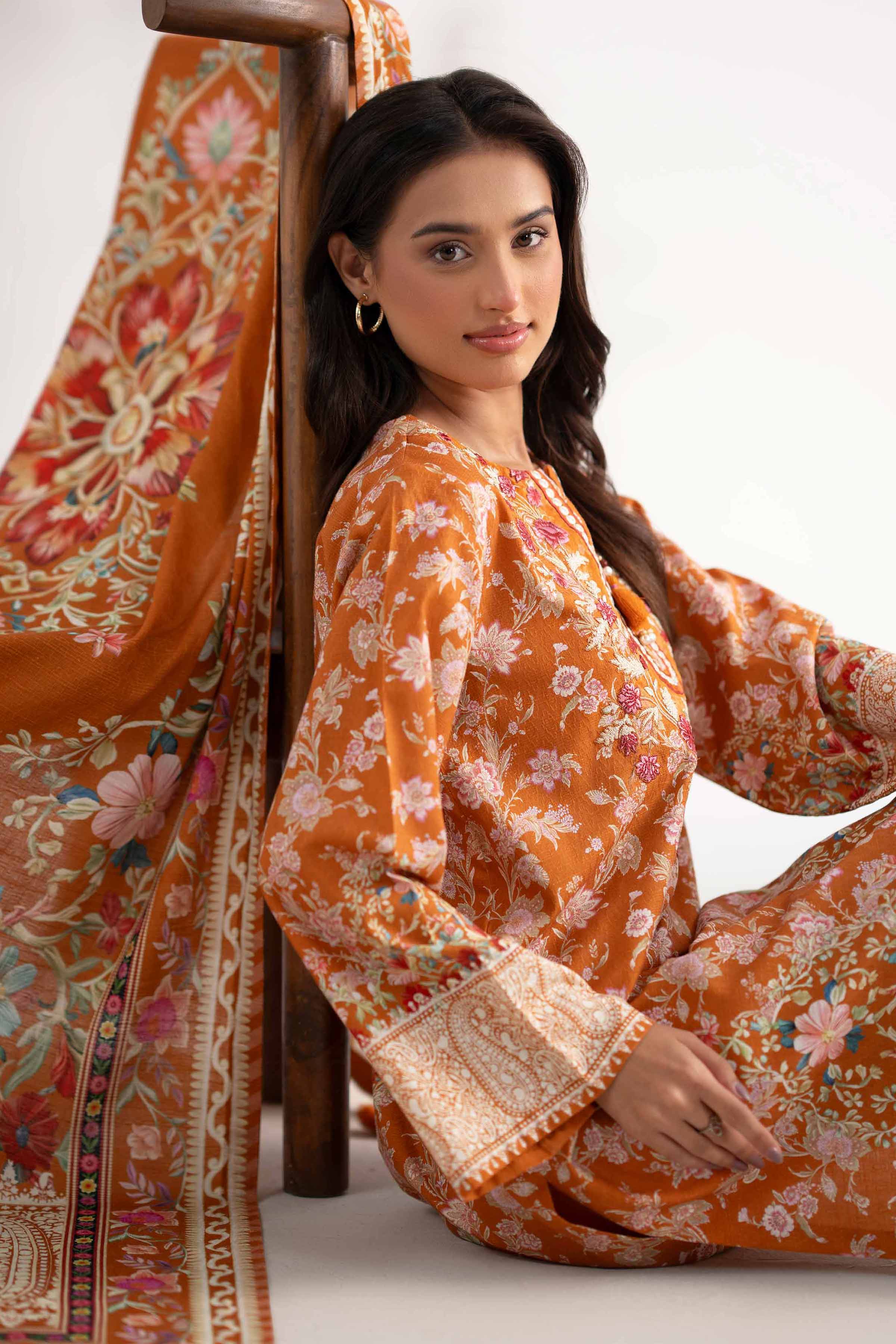 NISHATUAE - Mustard Embroidered Jacquard 3-piece Unstitched Suit