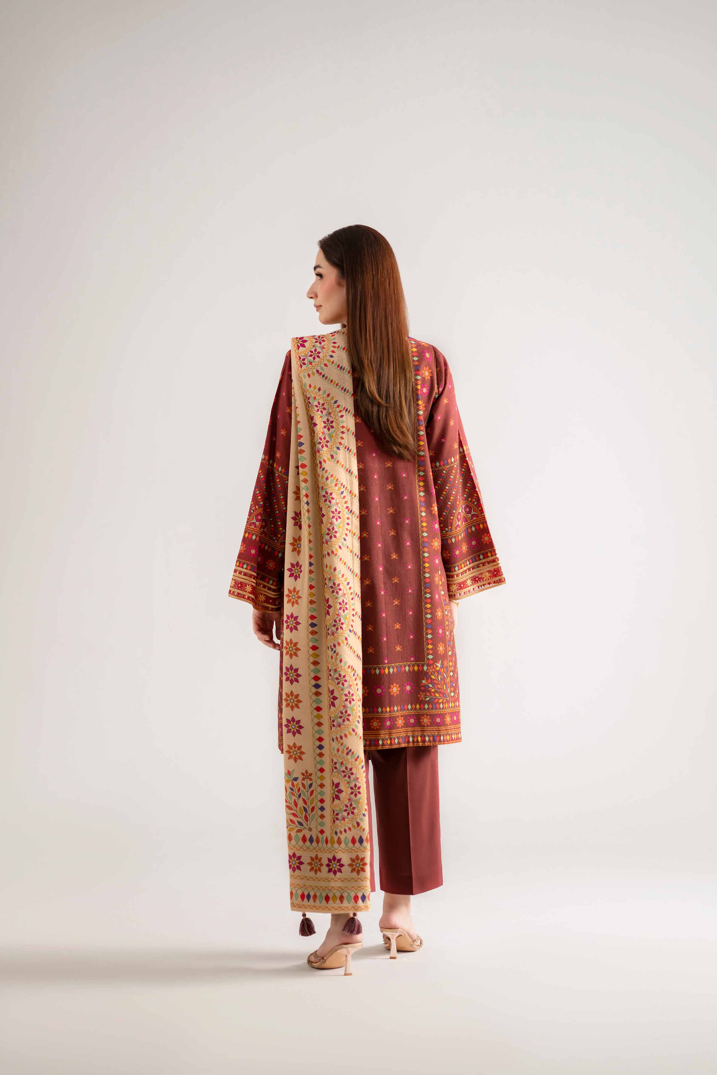 NISHATUAE - Red Embroidered Jacquard 3-piece Unstitched Suit