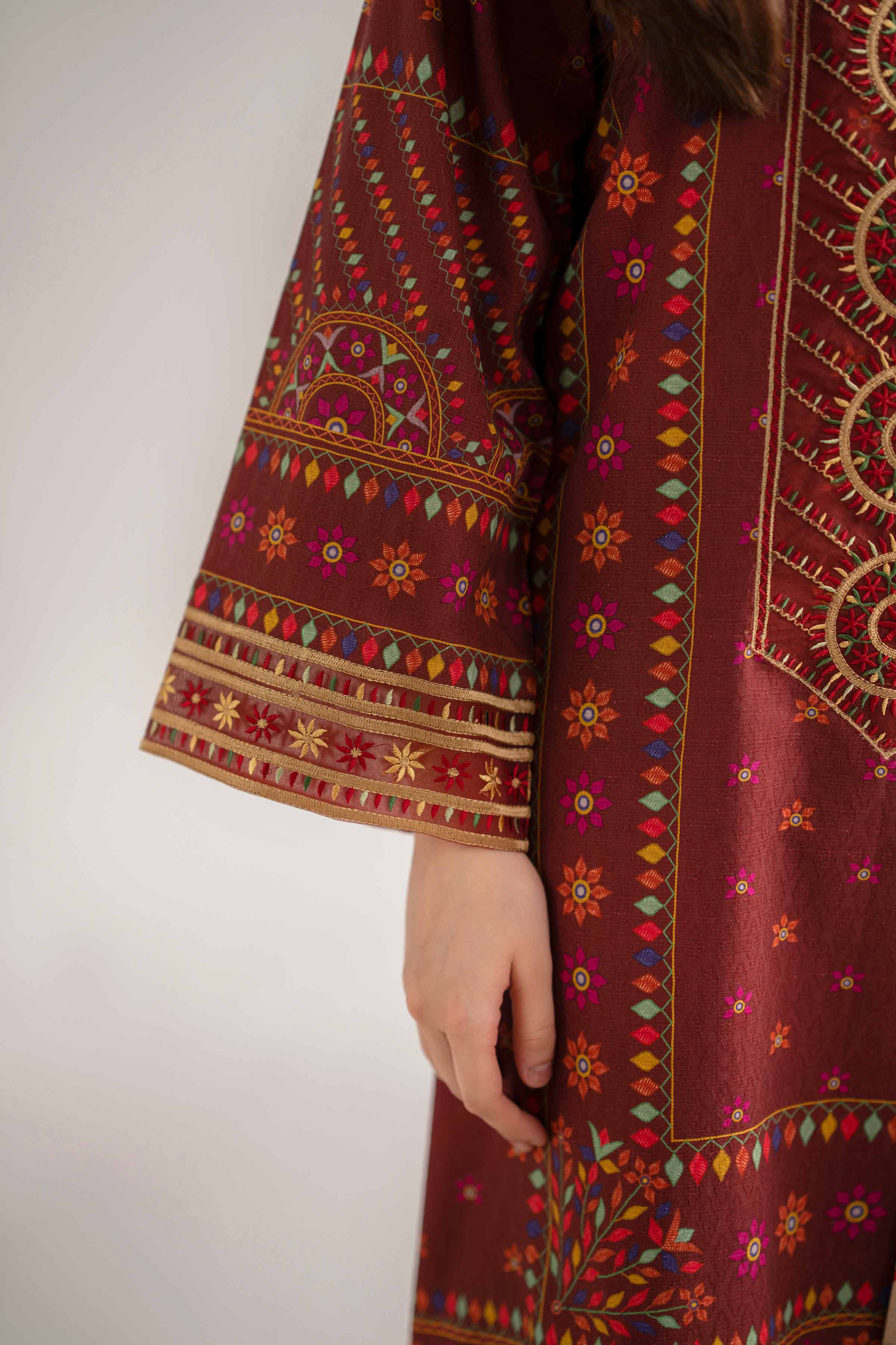 NISHATUAE - Red Embroidered Jacquard 3-piece Unstitched Suit