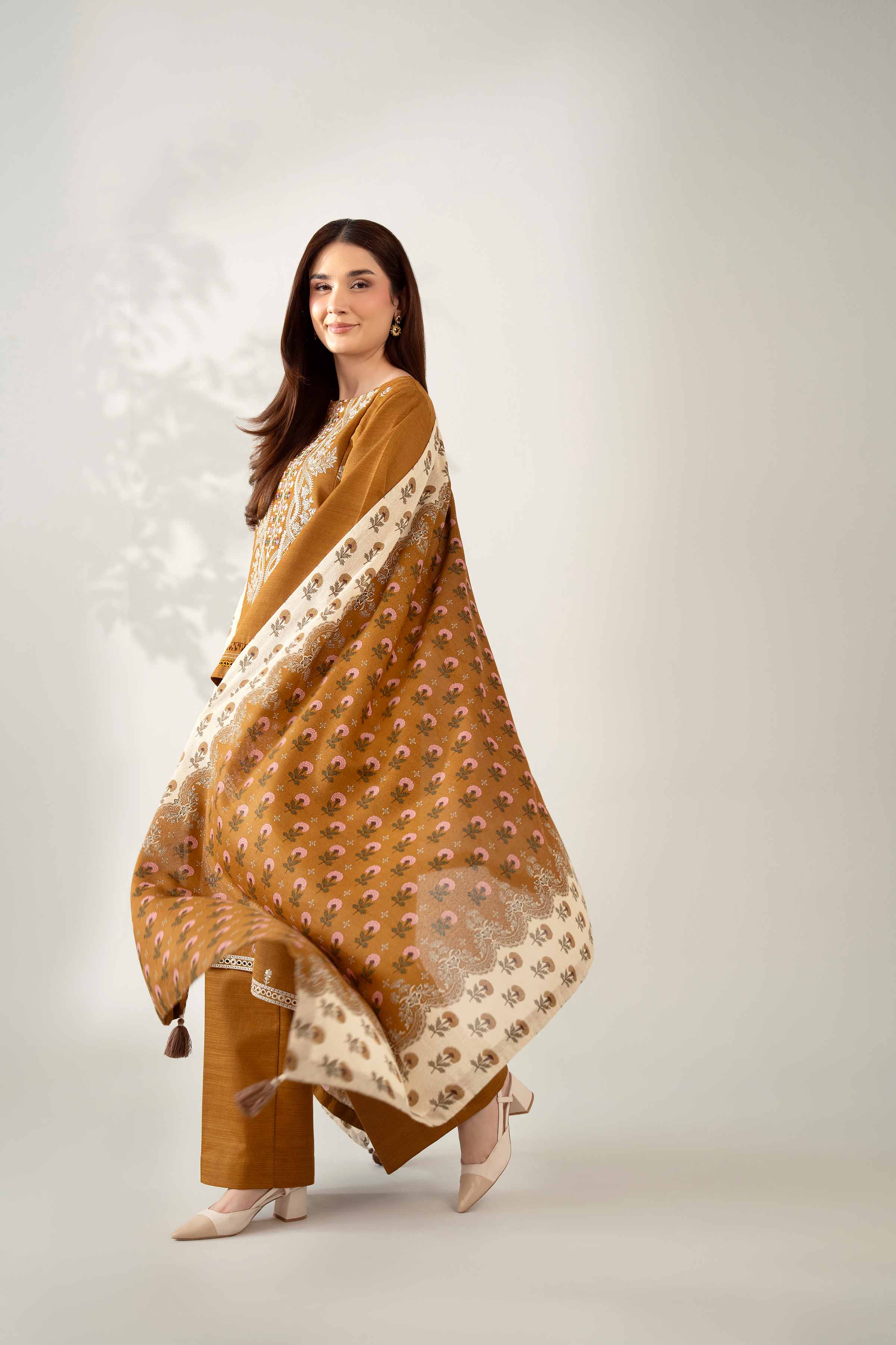 NISHATUAE - Brown Embroidered Khaddar 3-piece Unstitched Suit
