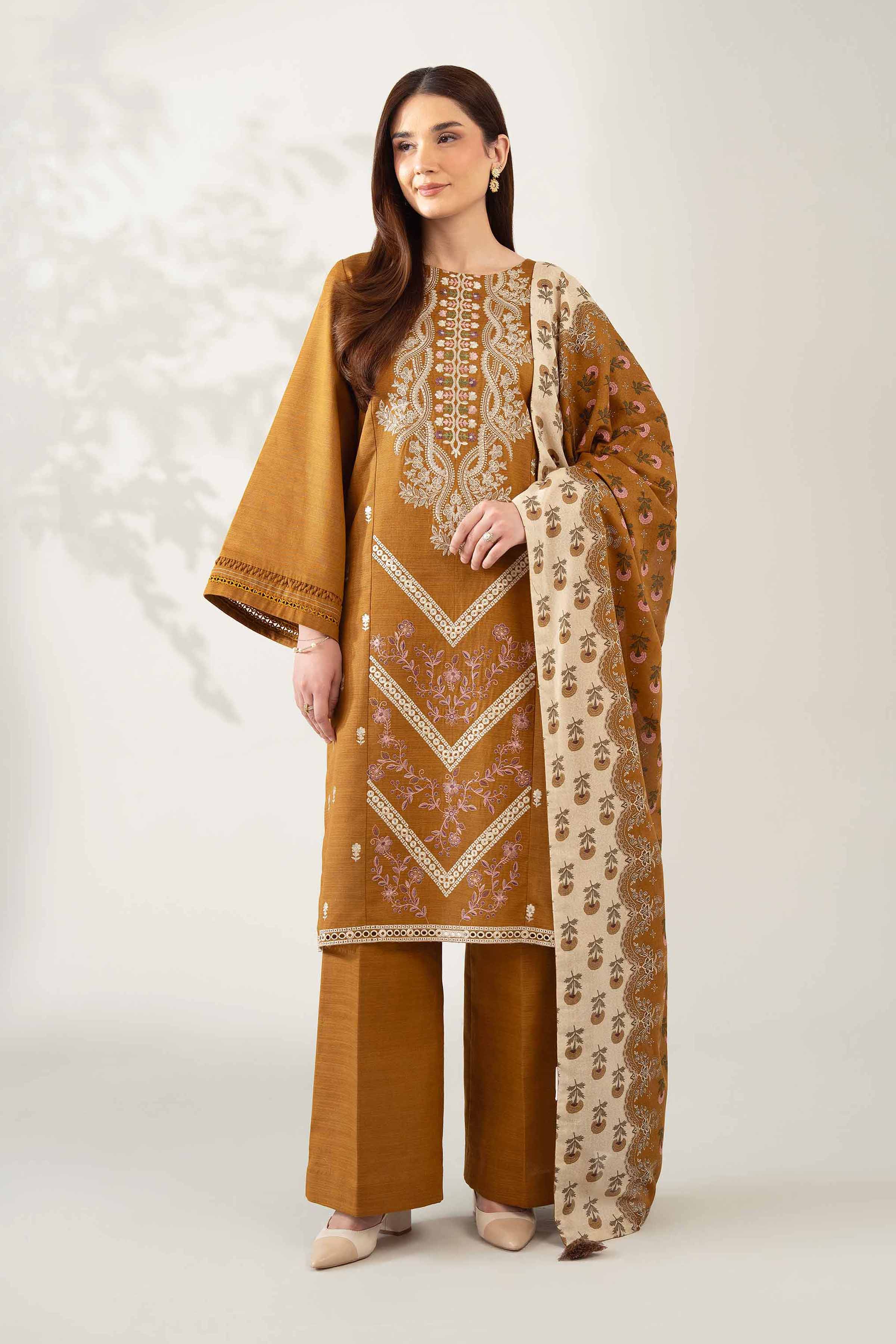 NISHATUAE - Brown Embroidered Khaddar 3-piece Unstitched Suit